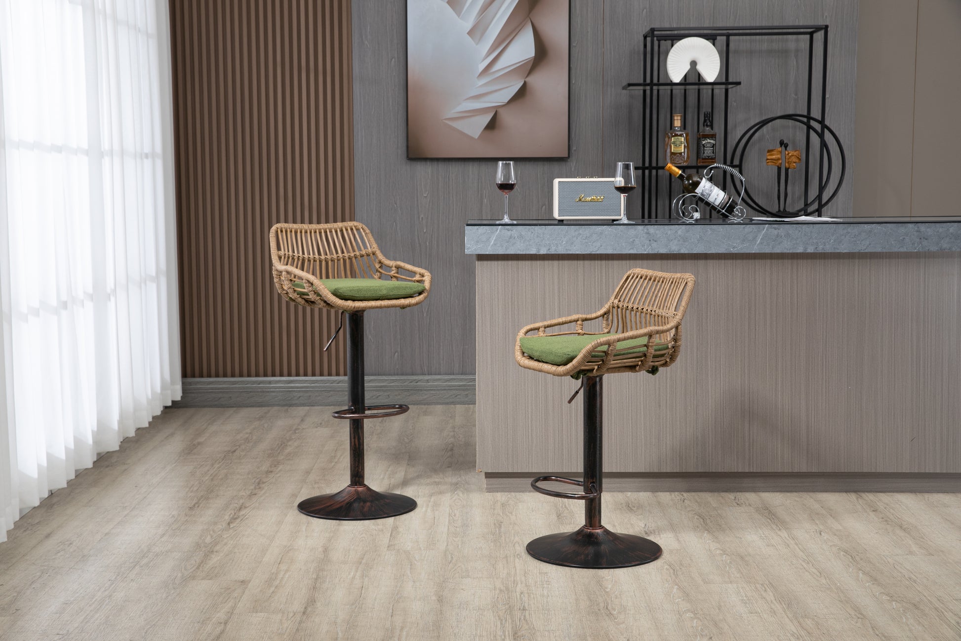 Coolmore Swivel Bar Stools Set Of 2 Adjustable Counter Height Chairs With Footrest For Kitchen, Dining Room 2Pc Set Green Polyester