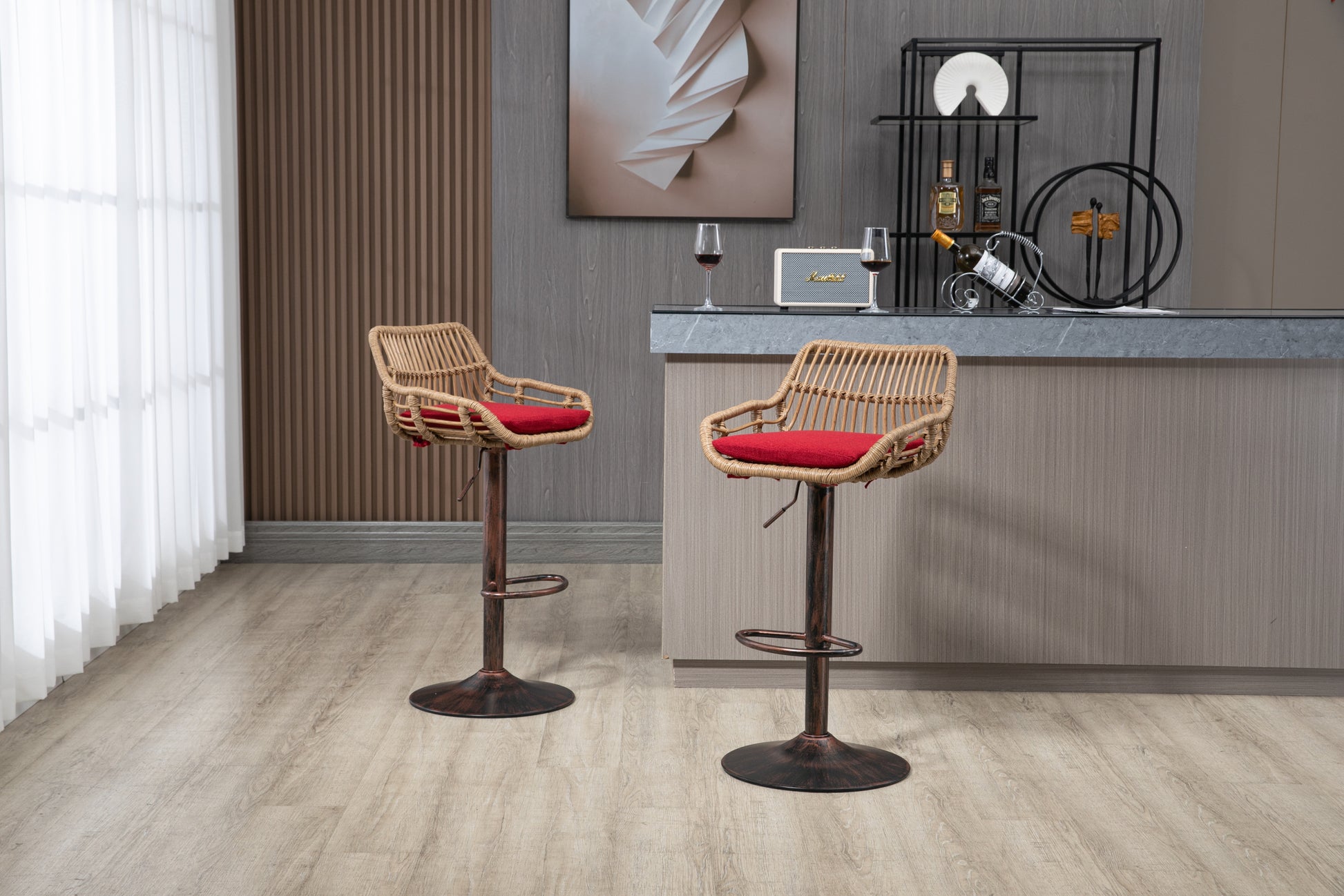 Coolmore Swivel Bar Stools Set Of 2 Adjustable Counter Height Chairs With Footrest For Kitchen, Dining Room 2Pc Set Red Polyester
