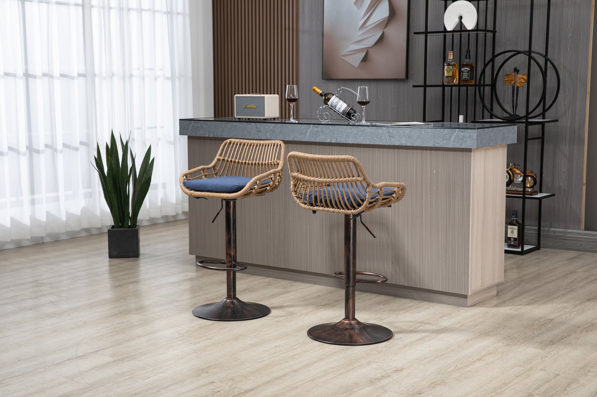 Coolmore Modern Swivel Bar Stools Set Of 2 Adjustable Counter Height Chairs With Footrest For Kitchen, Dining Room Blue Blue Primary Living Space Foam Linen