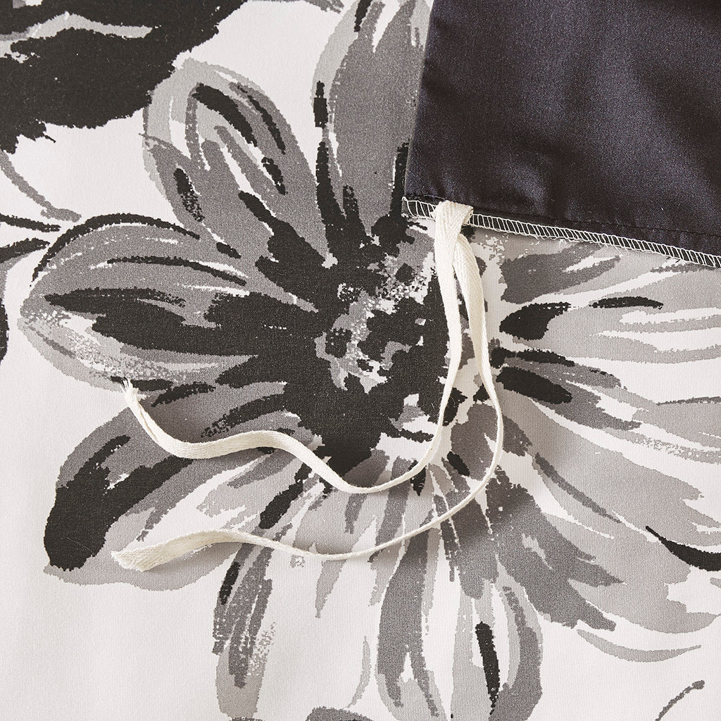 Floral Print Duvet Cover Set King White Black Microfiber
