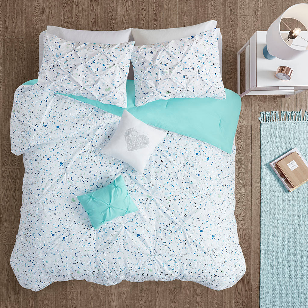 Metallic Printed And Pintucked Comforter Set Twin Aqua Blue Polyester