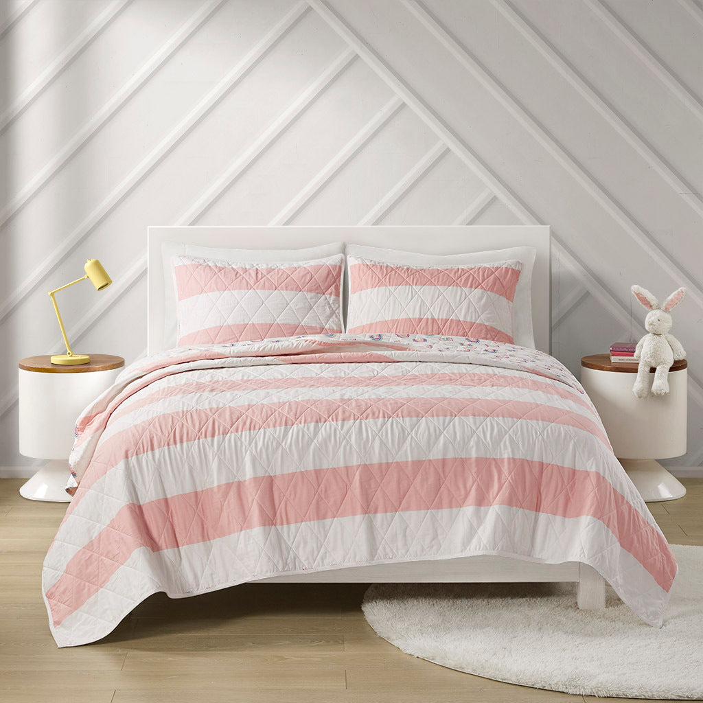 Cotton Cabana Stripe Reversible Quilt Set With Rainbow Reverse Twin Pink Cotton