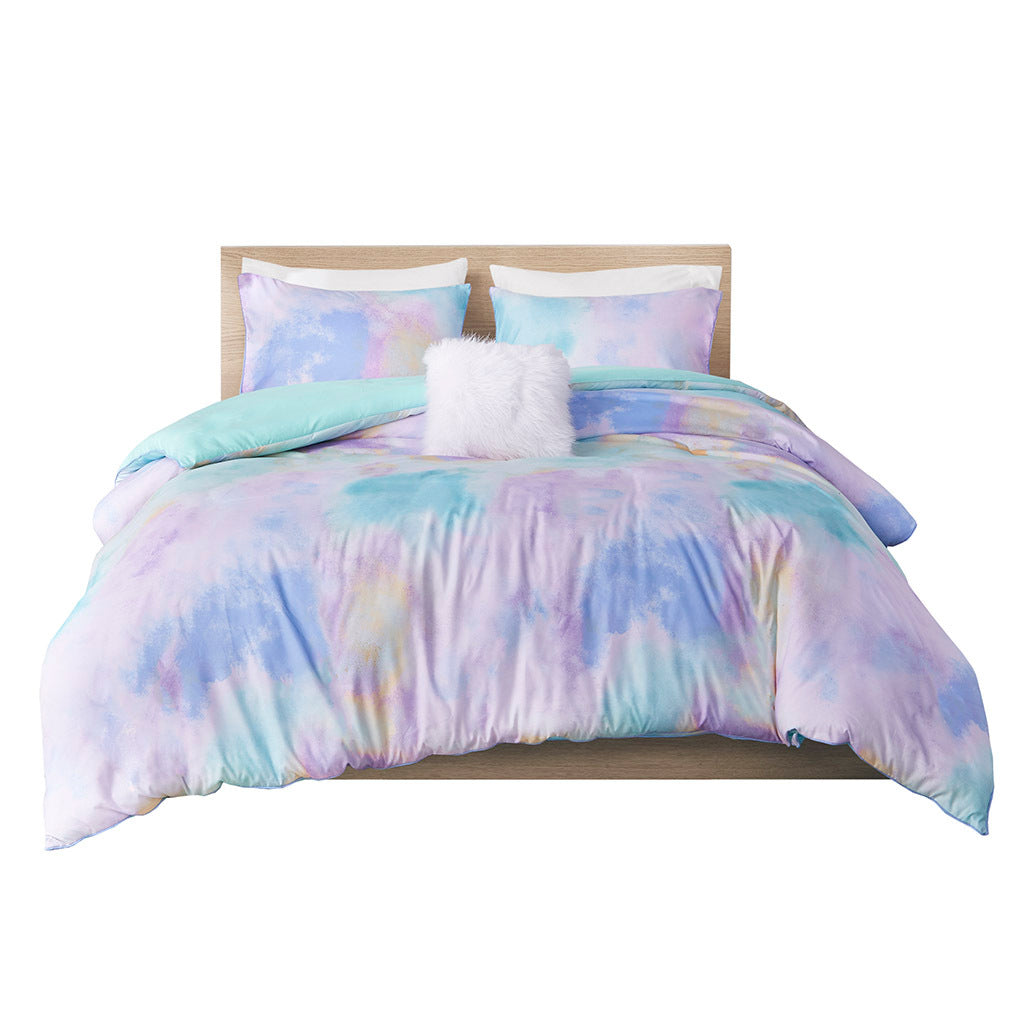 Watercolor Tie Dye Printed Duvet Cover Set With Throw Pillow Twin Aqua Polyester