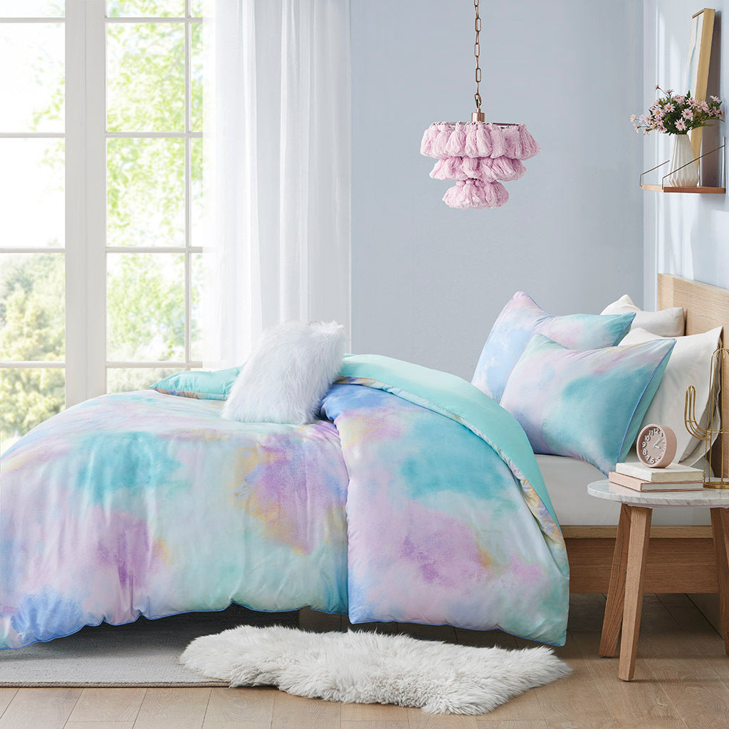 Watercolor Tie Dye Printed Duvet Cover Set With Throw Pillow Twin Aqua Polyester