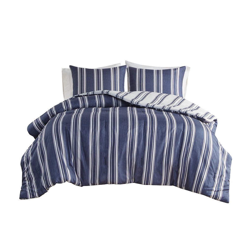 Striped Reversible Comforter Set King Navy Polyester