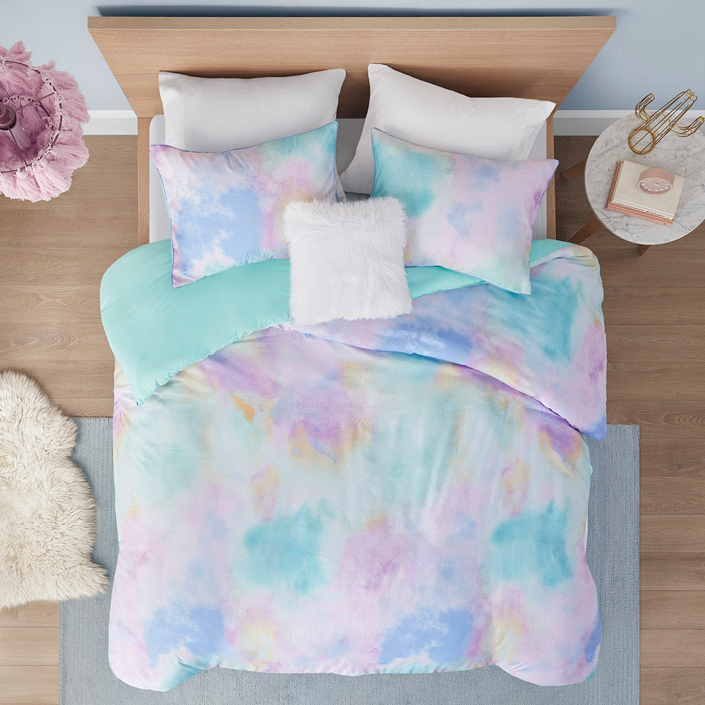 Watercolor Tie Dye Printed Duvet Cover Set With Throw Pillow Twin Aqua Polyester