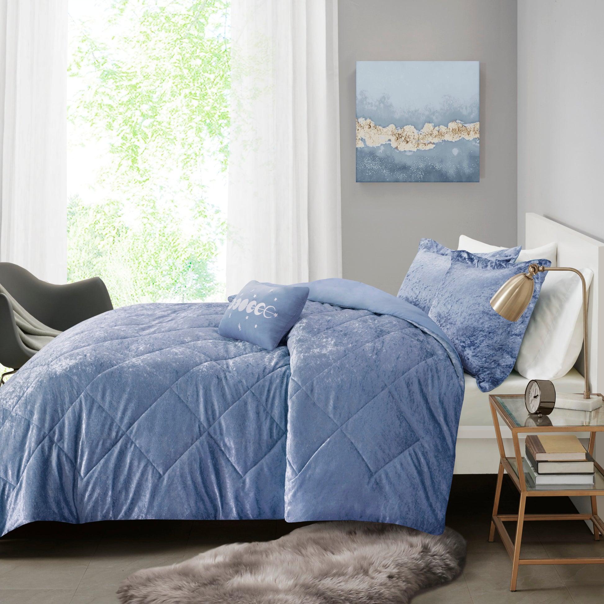 Velvet Duvet Cover Set Full Blue Polyester