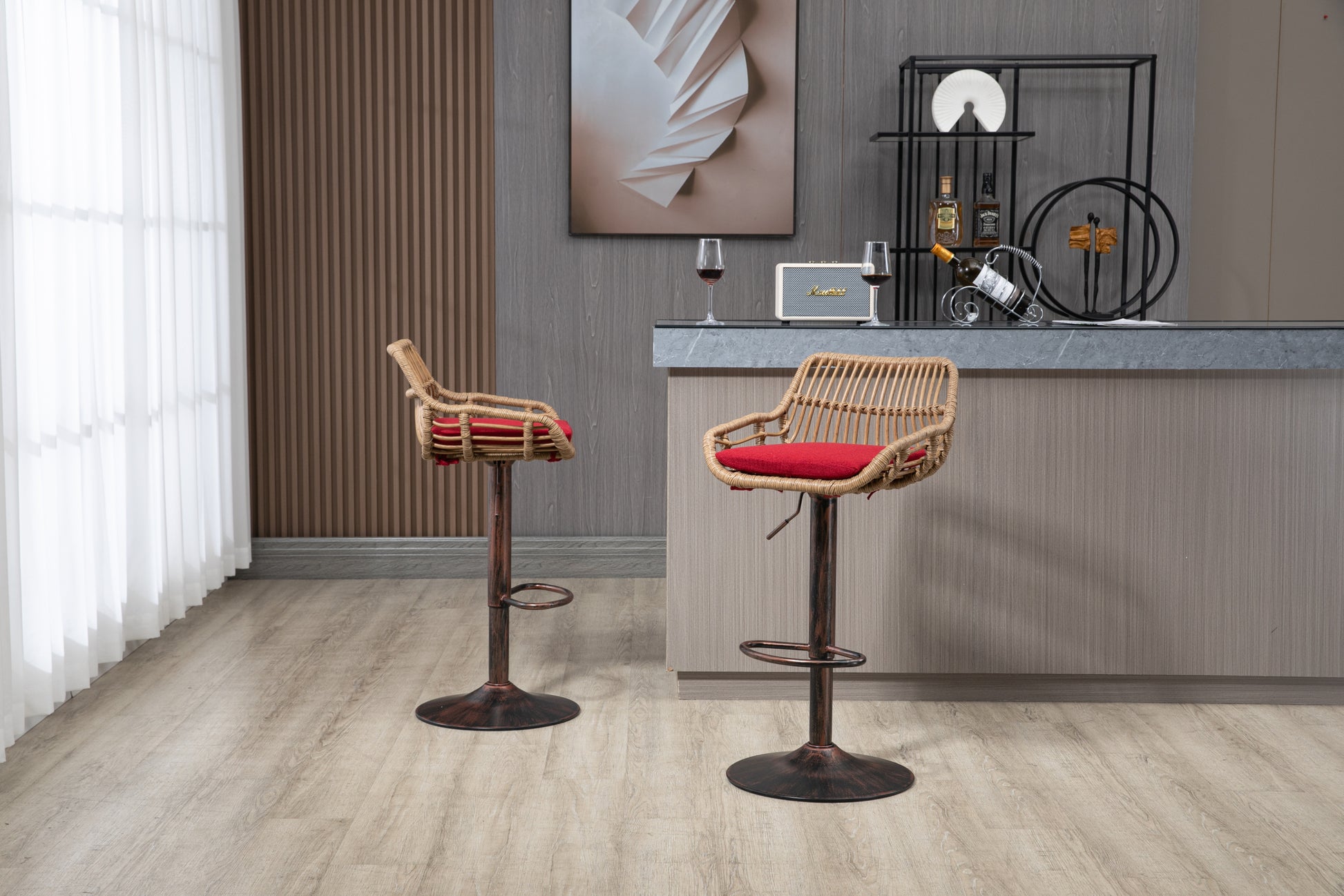 Coolmore Swivel Bar Stools Set Of 2 Adjustable Counter Height Chairs With Footrest For Kitchen, Dining Room 2Pc Set Red Polyester
