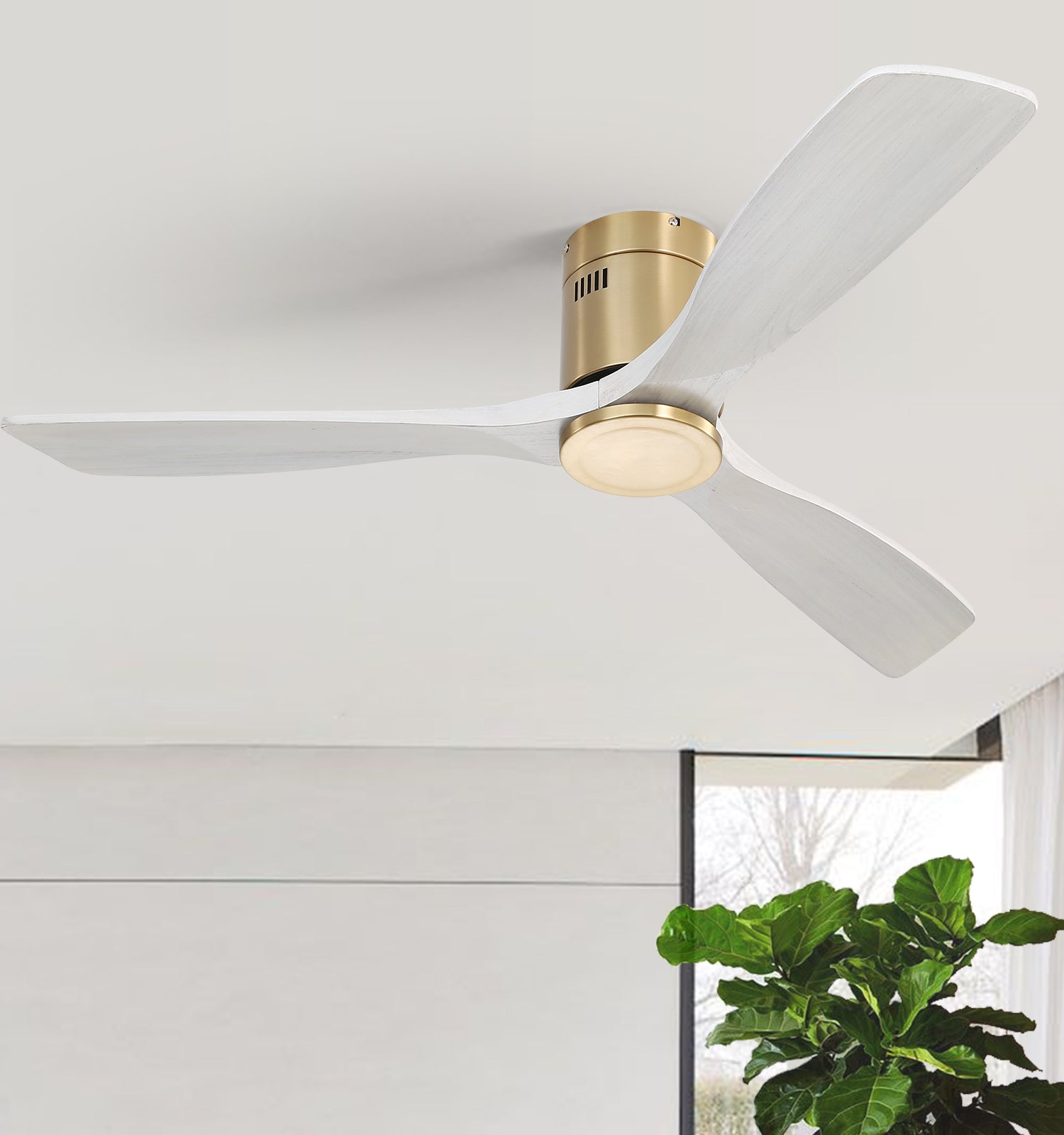 52 Inch Low Profile Ceiling Fan Dc 3 Solid Wood Fan Blade Noiseless Reversible Motor Remote Control Without Light Gold Metal & Wood