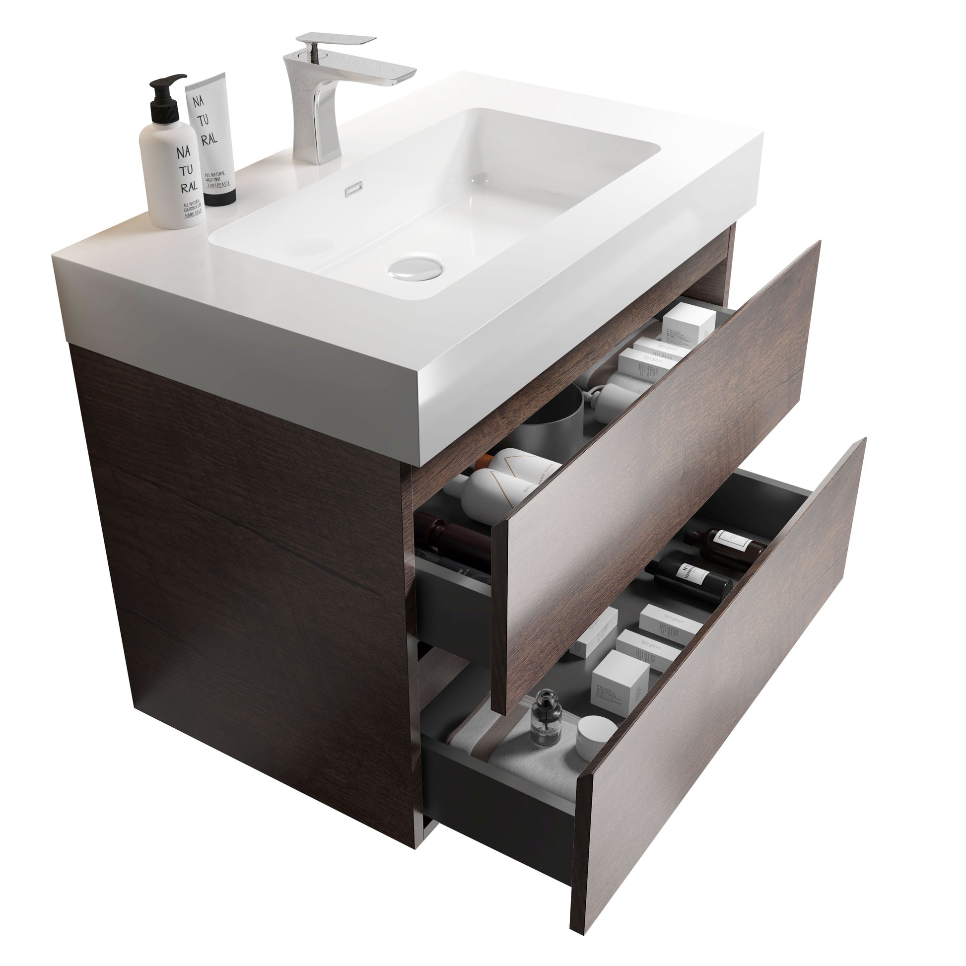 Alice 30" Walnut Bathroom Vanity With Sink, Large Storage Wall Mounted Floating Bathroom Vanity For Modern Bathroom, One Piece White Sink Basin Without Drain And Faucet, Pre Assembled White Walnut Melamine