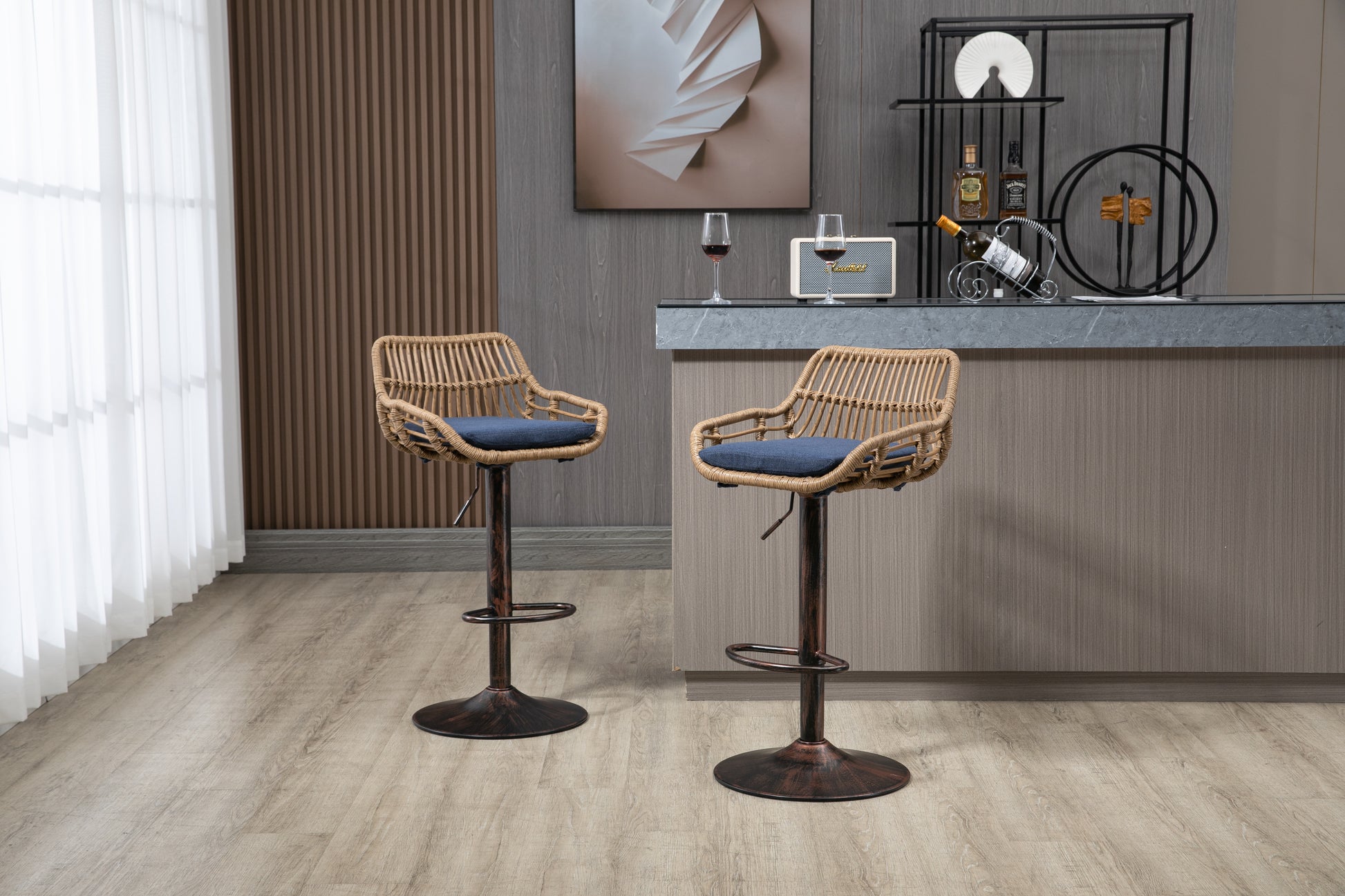 Coolmore Modern Swivel Bar Stools Set Of 2 Adjustable Counter Height Chairs With Footrest For Kitchen, Dining Room Blue Blue Primary Living Space Foam Linen
