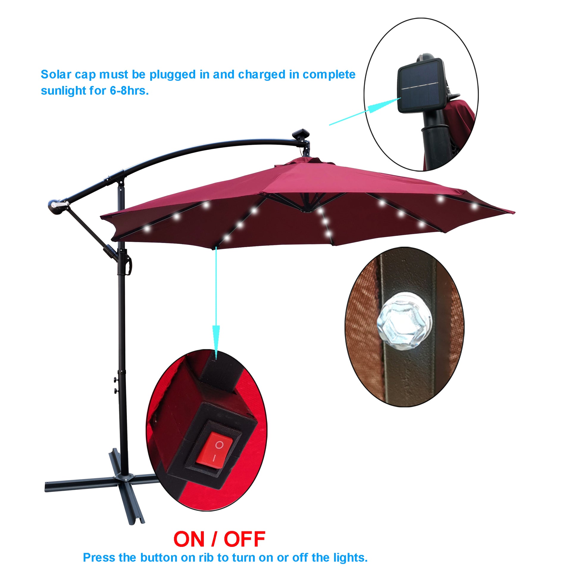 10 Ft Outdoor Patio Umbrella Solar Powered Led Lighted Sun Shade Market Waterproof 8 Ribs Umbrella With Crank And Cross Base For Garden Deck Backyard Pool Shade Outside Deck Swimming Pool Burgundy