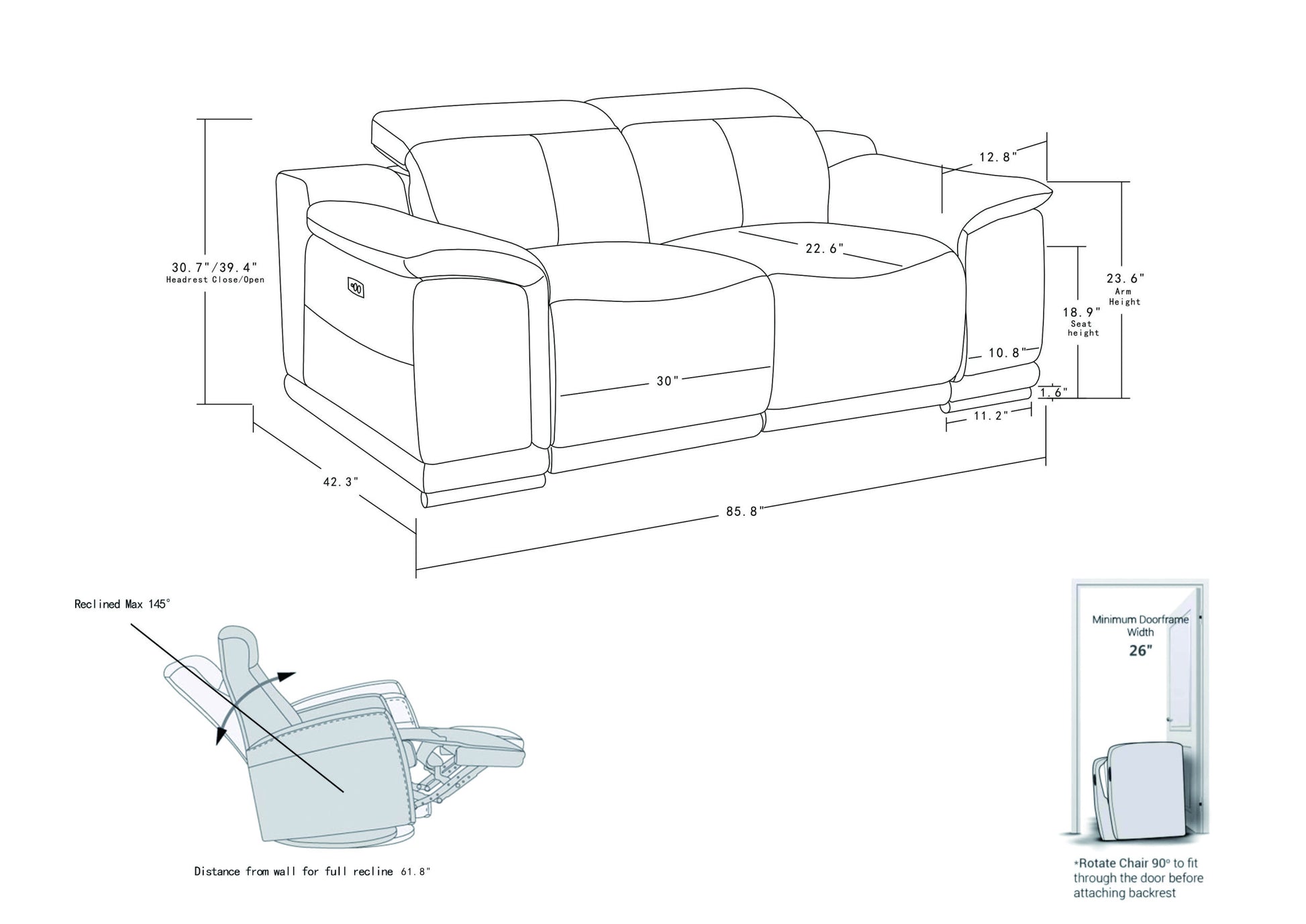 Genuine Italian Leather Power Reclining Sofa Dark Gray Foam Leather