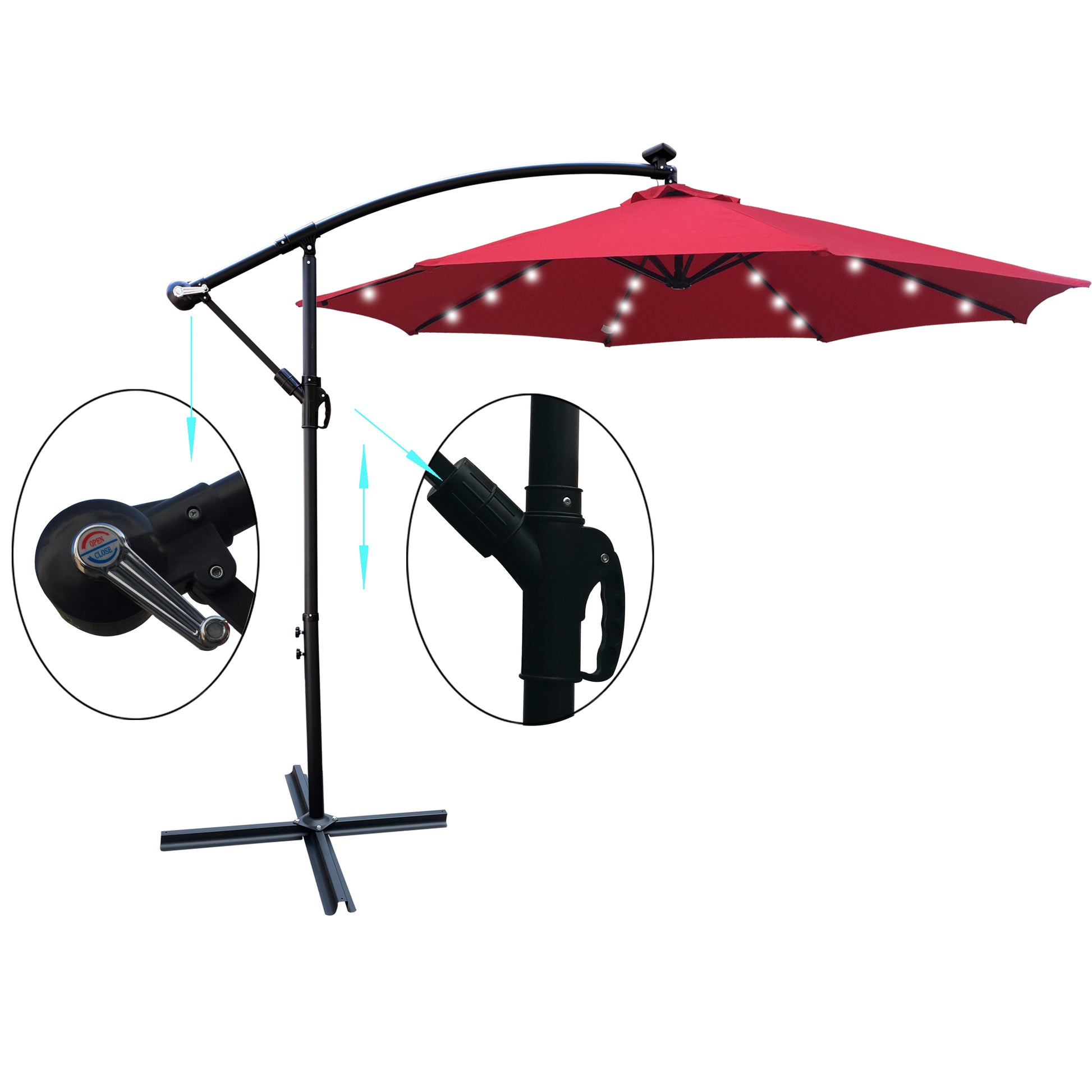 10 Ft Outdoor Patio Umbrella Solar Powered Led Lighted 8 Ribs Umbrella With Crank And Cross Base For Garden Outside Deck Swimming Pool Red Metal