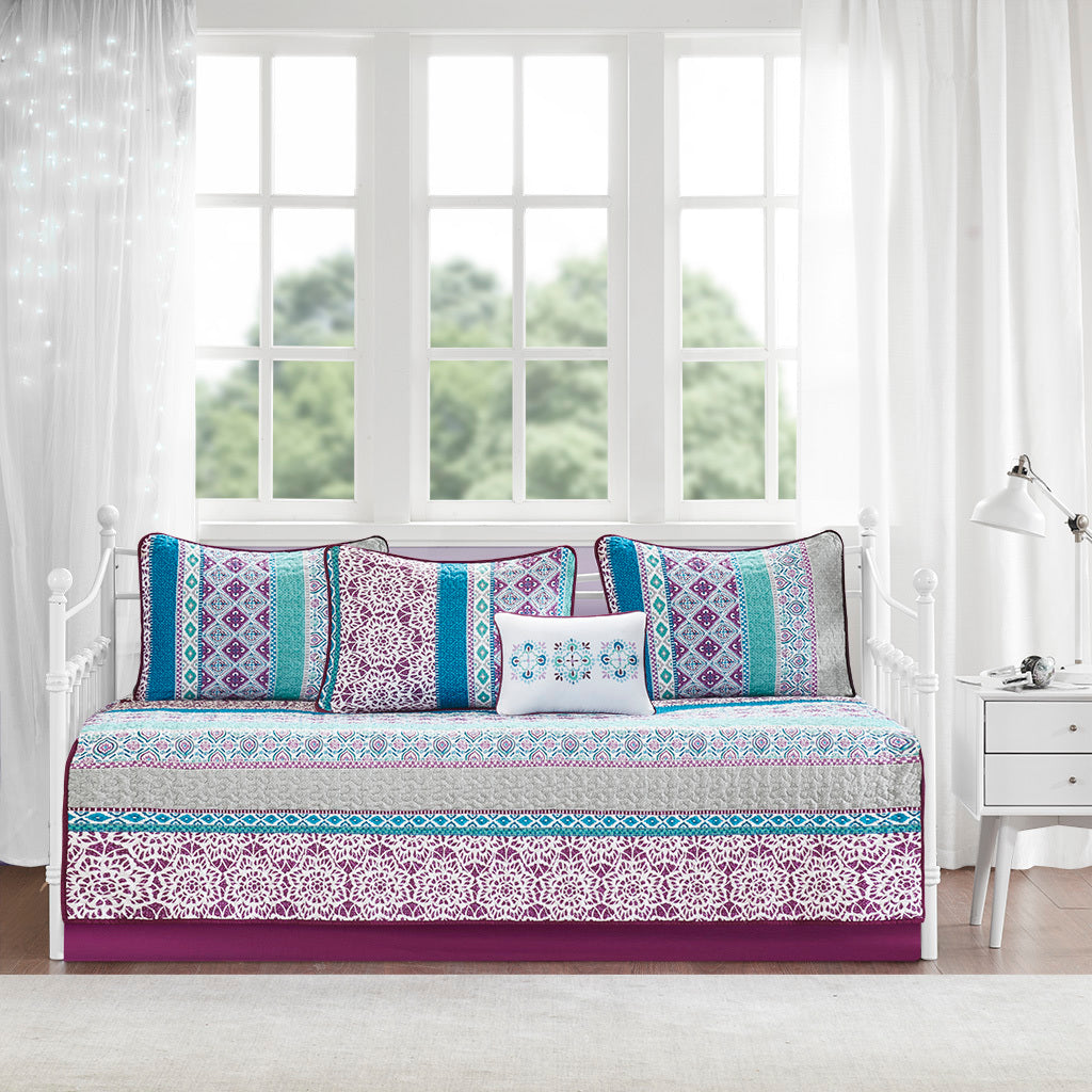 6 Piece Boho Reversible Daybed Set Twin Purple Cotton