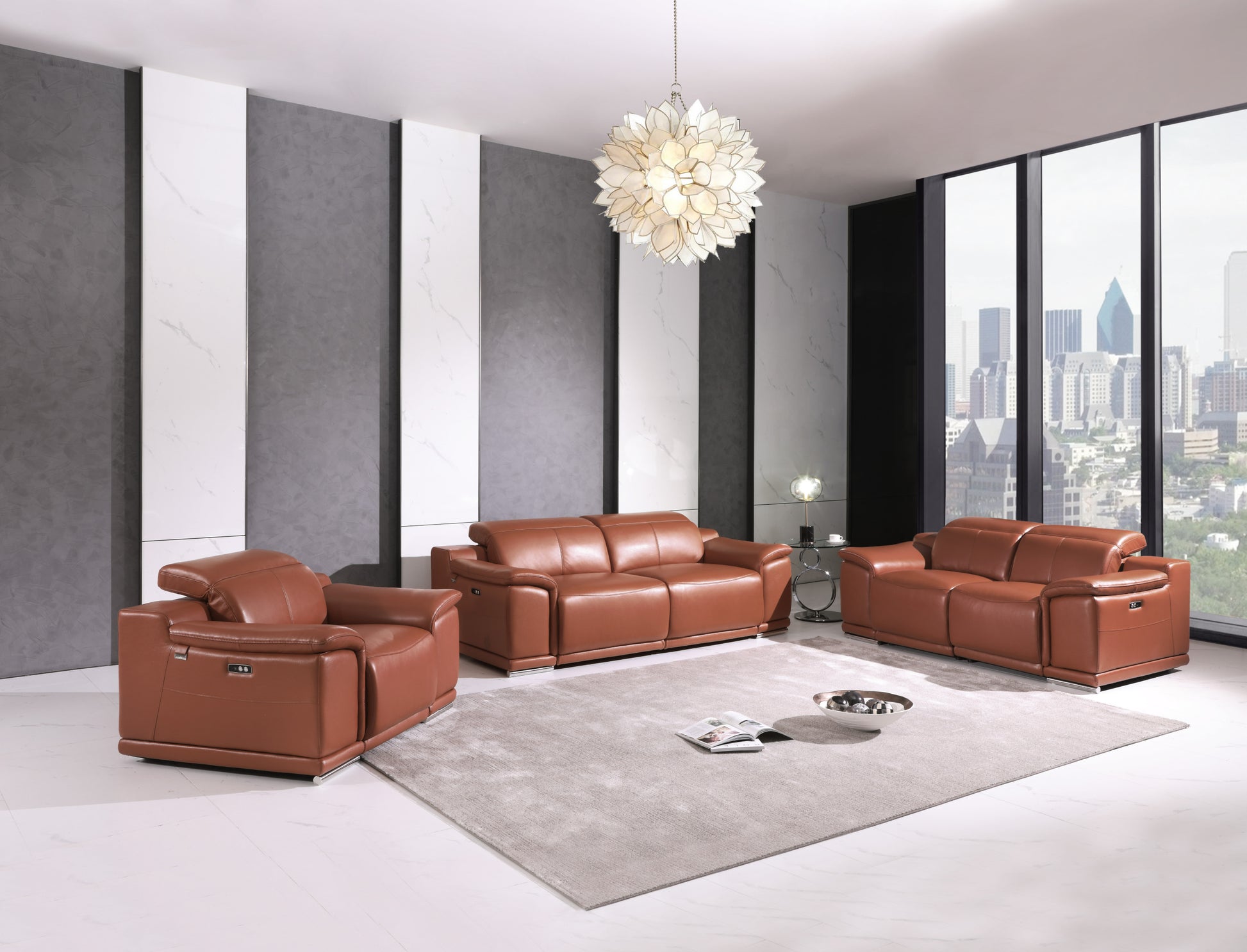 Genuine Italian Leather Power Reclining Sofa Camel Foam Leather