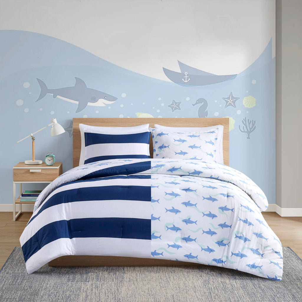 Cotton Cabana Stripe Reversible Comforter Set With Shark Reverse Full Navy Cotton