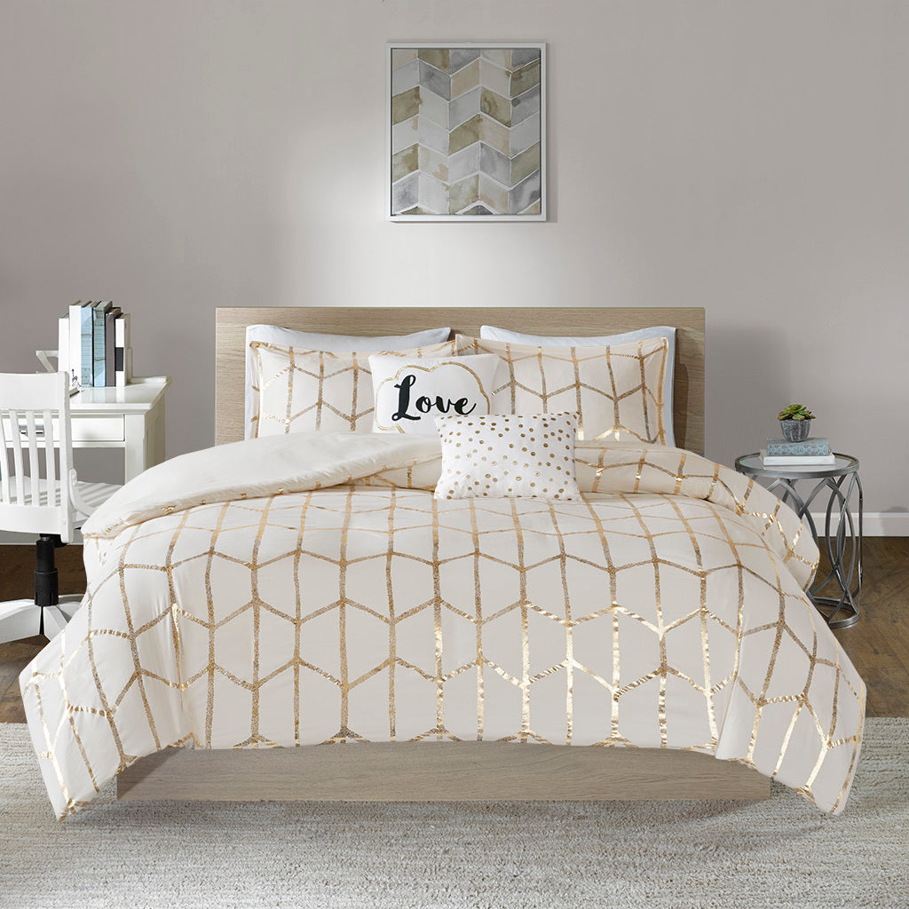 Metallic Printed Duvet Cover Set King Ivory Gold Polyester