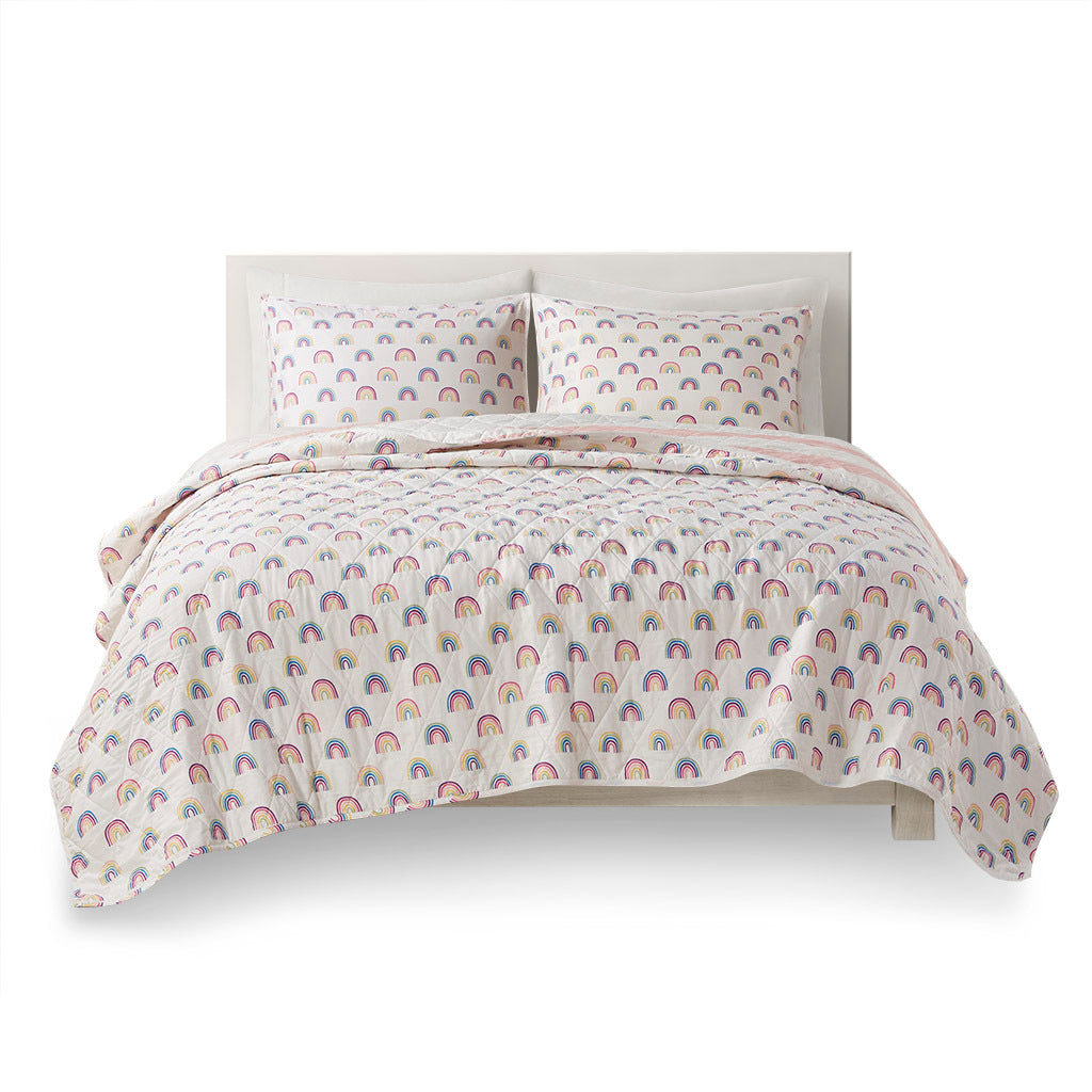 Cotton Cabana Stripe Reversible Quilt Set With Rainbow Reverse Full Pink Cotton