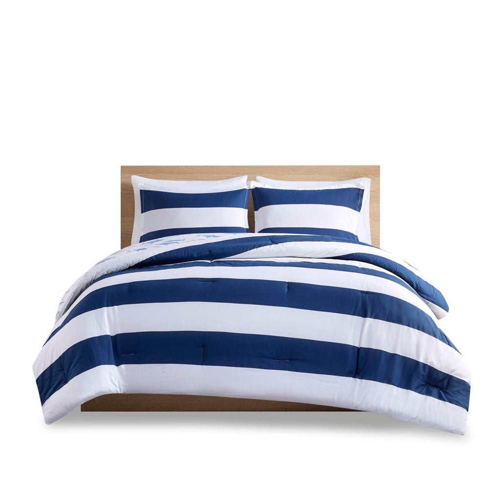 Cotton Cabana Stripe Reversible Comforter Set With Shark Reverse Full Navy Cotton