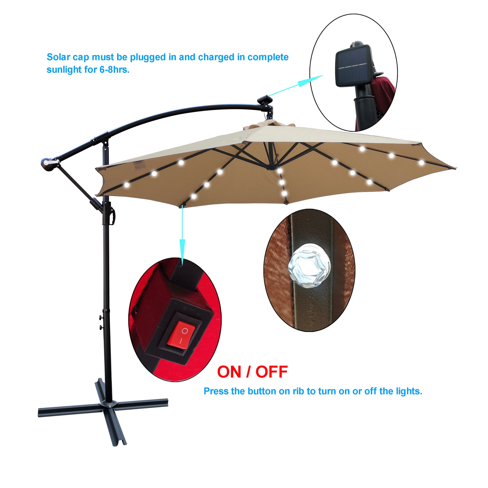 Tan 10 Ft Outdoor Patio Umbrella Solar Powered Led Lighted Sun Shade Market Waterproof 8 Ribs Umbrella With Crank And Cross Base For Garden Deck Backyard Pool Shade Outside Deck Swimming Pool Tan