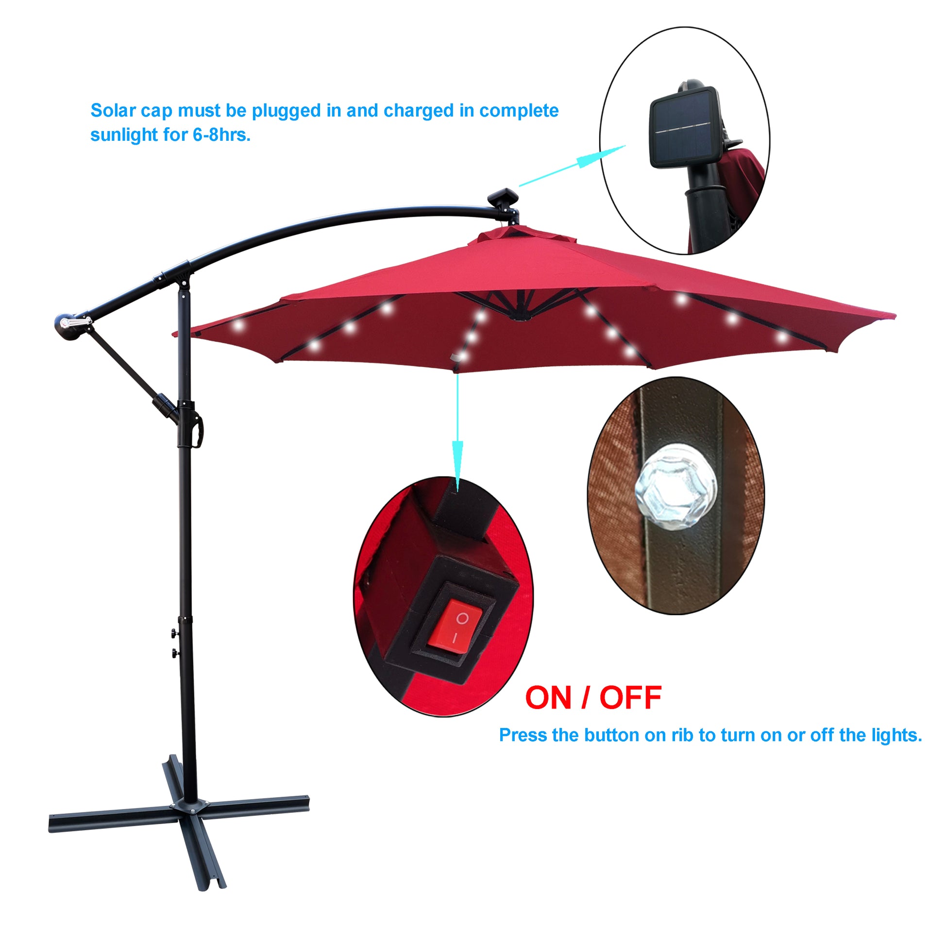 10 Ft Outdoor Patio Umbrella Solar Powered Led Lighted 8 Ribs Umbrella With Crank And Cross Base For Garden Outside Deck Swimming Pool Red Metal