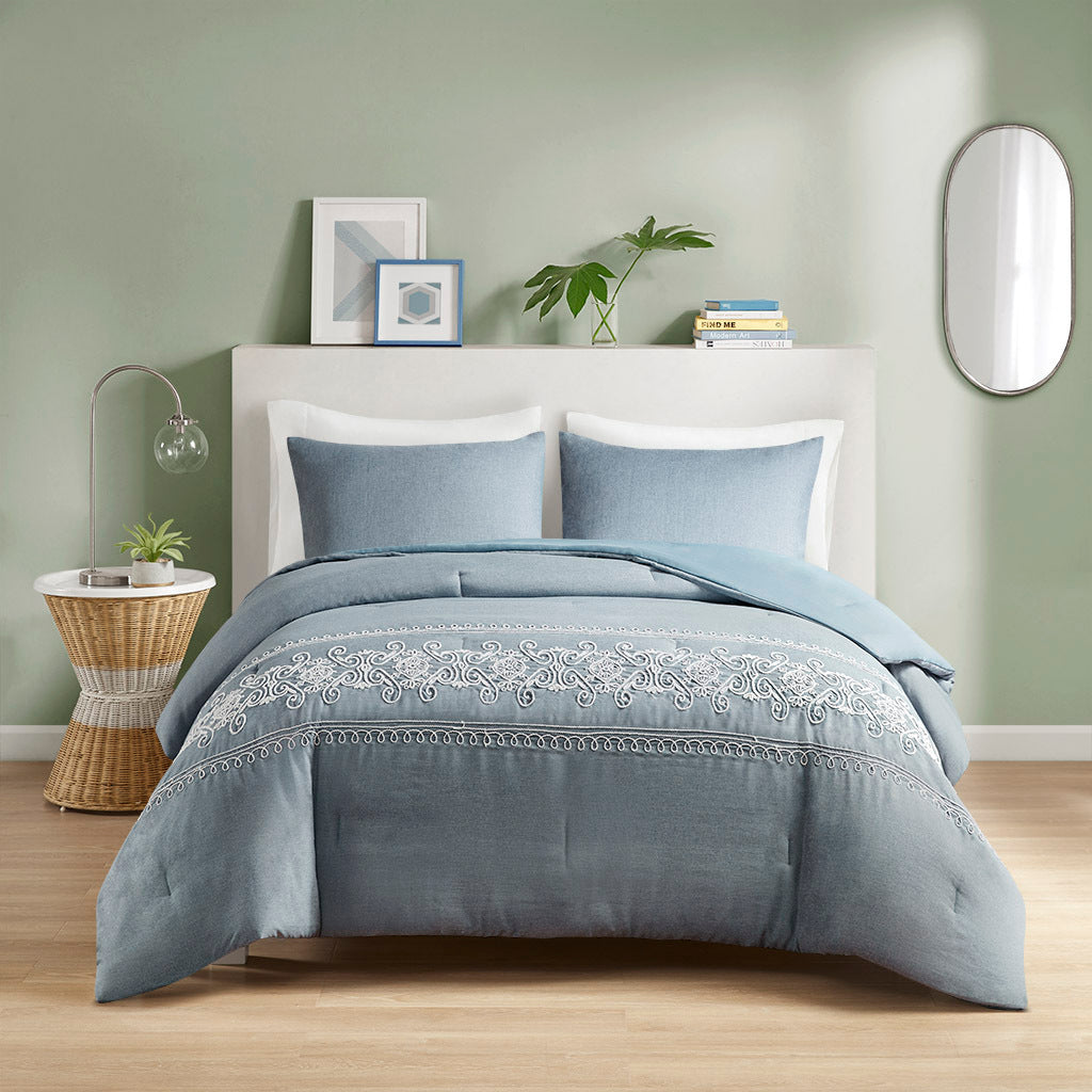 Embroidered Comforter Set Full Blue Polyester