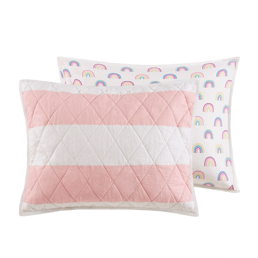 Cotton Cabana Stripe Reversible Quilt Set With Rainbow Reverse Full Pink Cotton