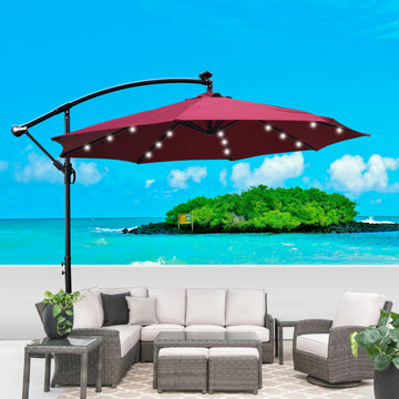 10 Ft Outdoor Patio Umbrella Solar Powered Led Lighted Sun Shade Market Waterproof 8 Ribs Umbrella With Crank And Cross Base For Garden Deck Backyard Pool Shade Outside Deck Swimming Pool Burgundy