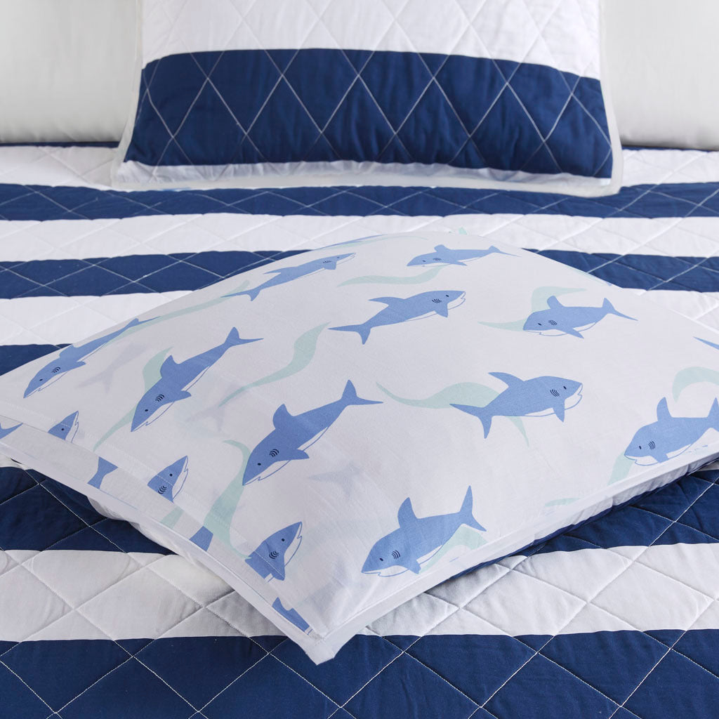 Cotton Cabana Stripe Reversible Quilt Set With Shark Reverse Full Navy Cotton