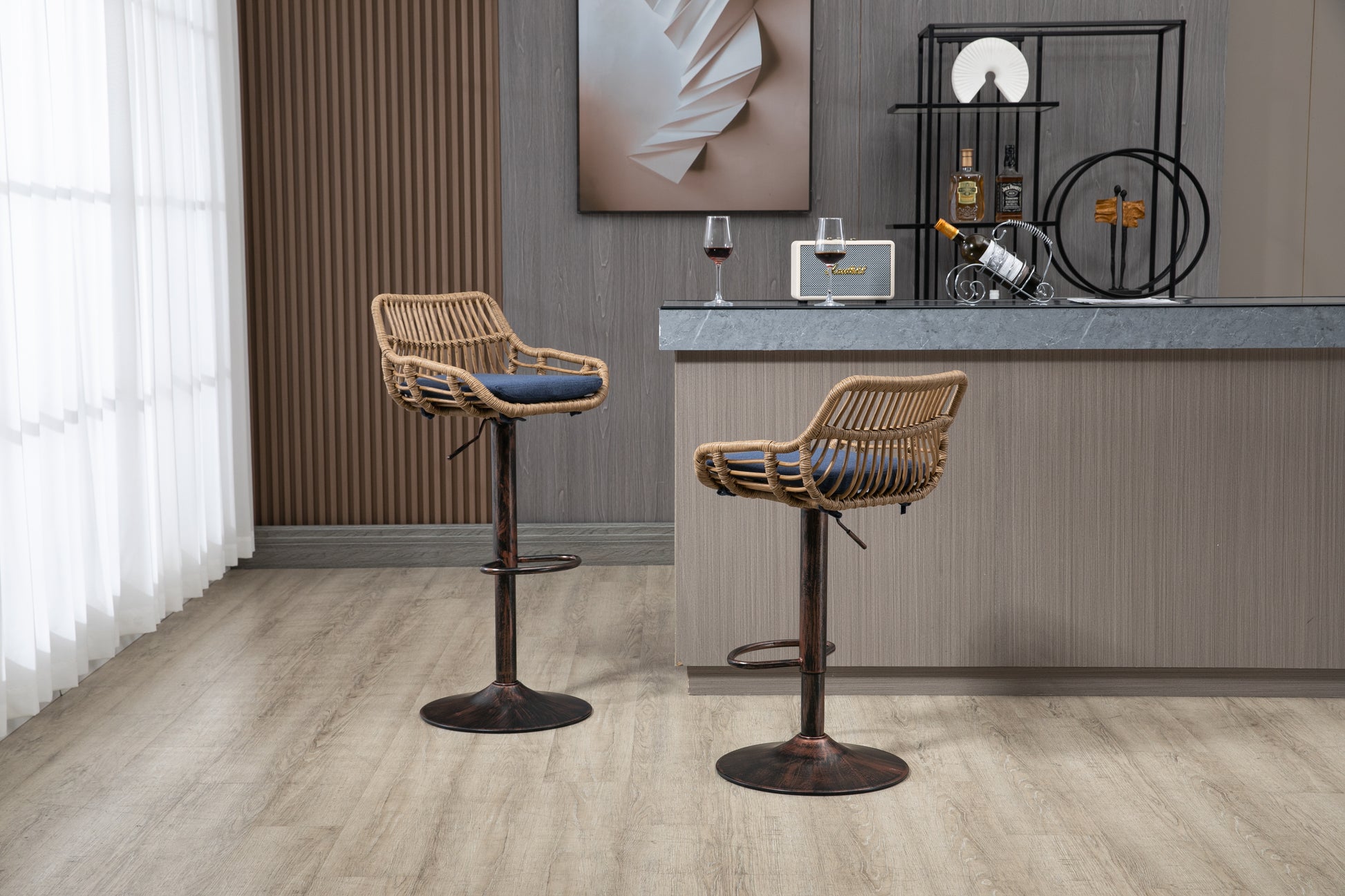 Coolmore Modern Swivel Bar Stools Set Of 2 Adjustable Counter Height Chairs With Footrest For Kitchen, Dining Room Blue Blue Primary Living Space Foam Linen