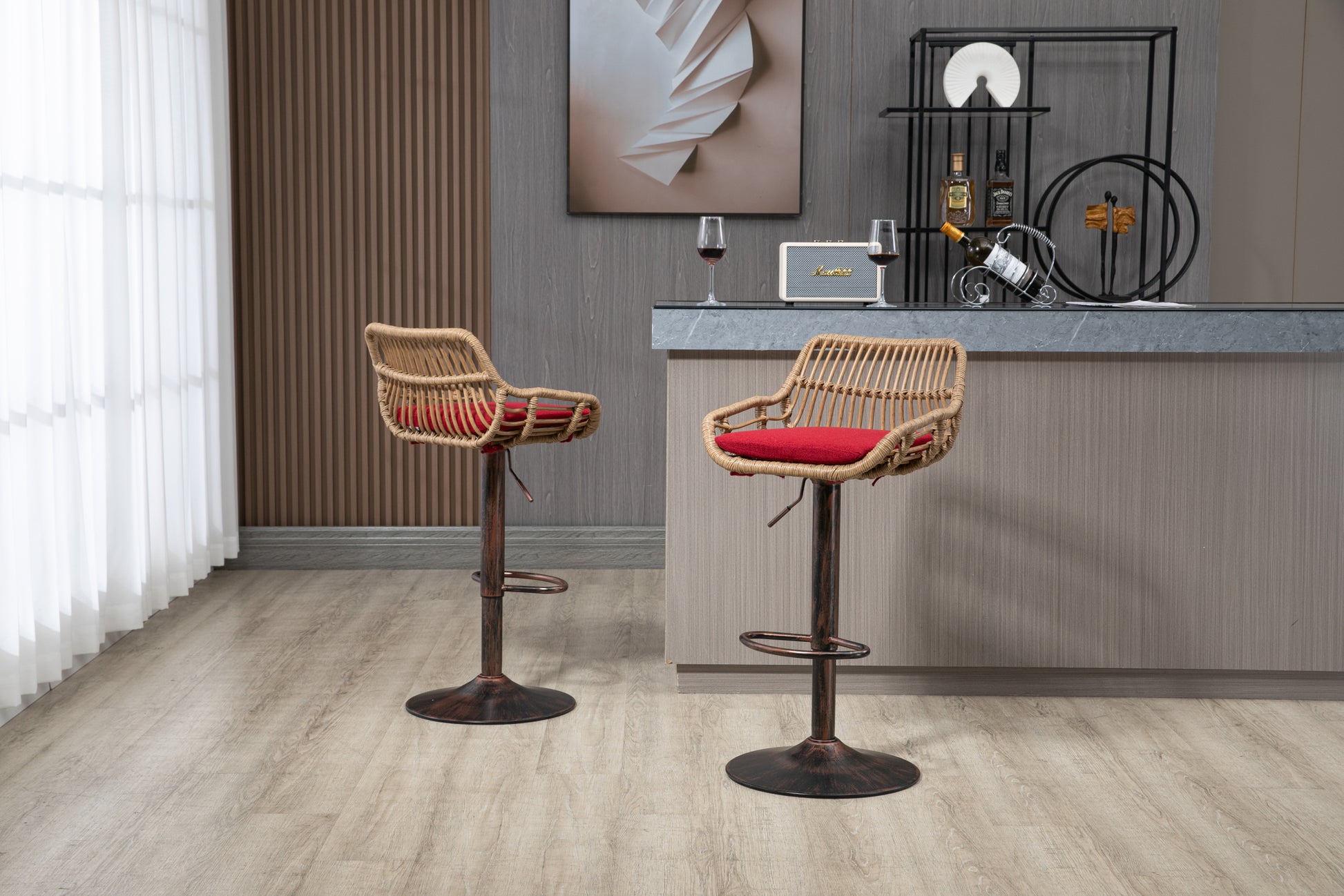Coolmore Swivel Bar Stools Set Of 2 Adjustable Counter Height Chairs With Footrest For Kitchen, Dining Room 2Pc Set Red Polyester