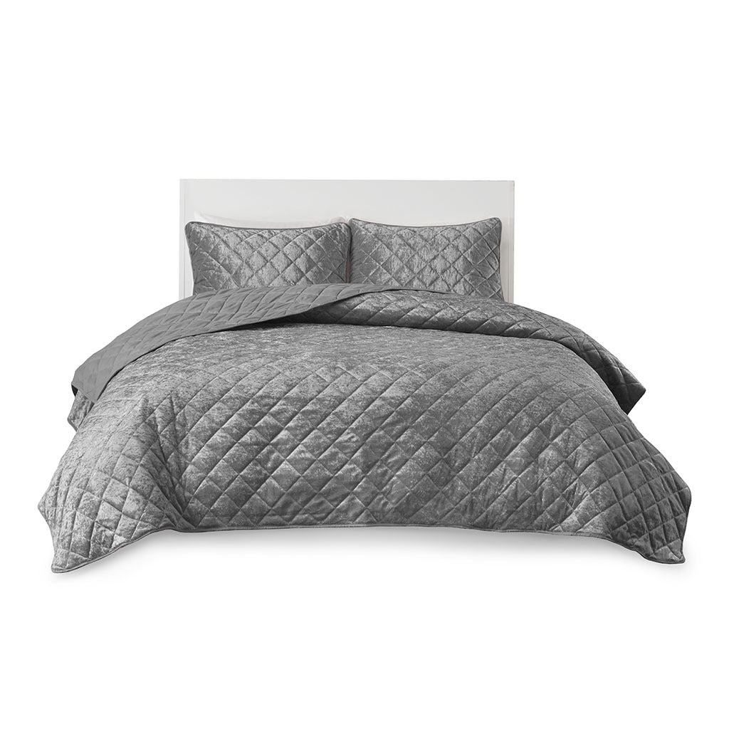 Velvet Quilt Set Full Grey Polyester