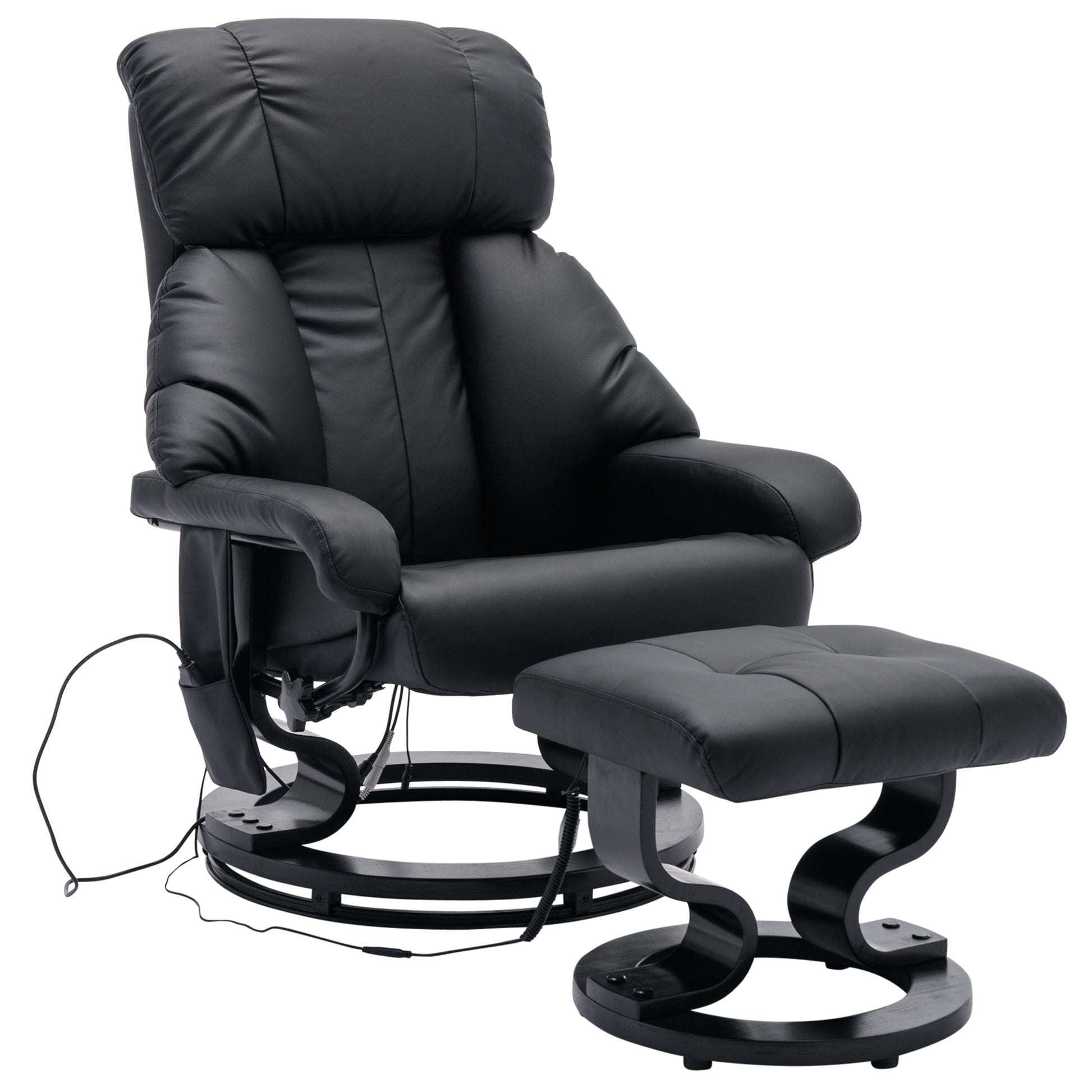 Recliner With Ottoman Footrest, Recliner Chair With Vibration Massage, Faux Leather And Swivel Wood Base For Living Room And Bedroom, Black Black Pu