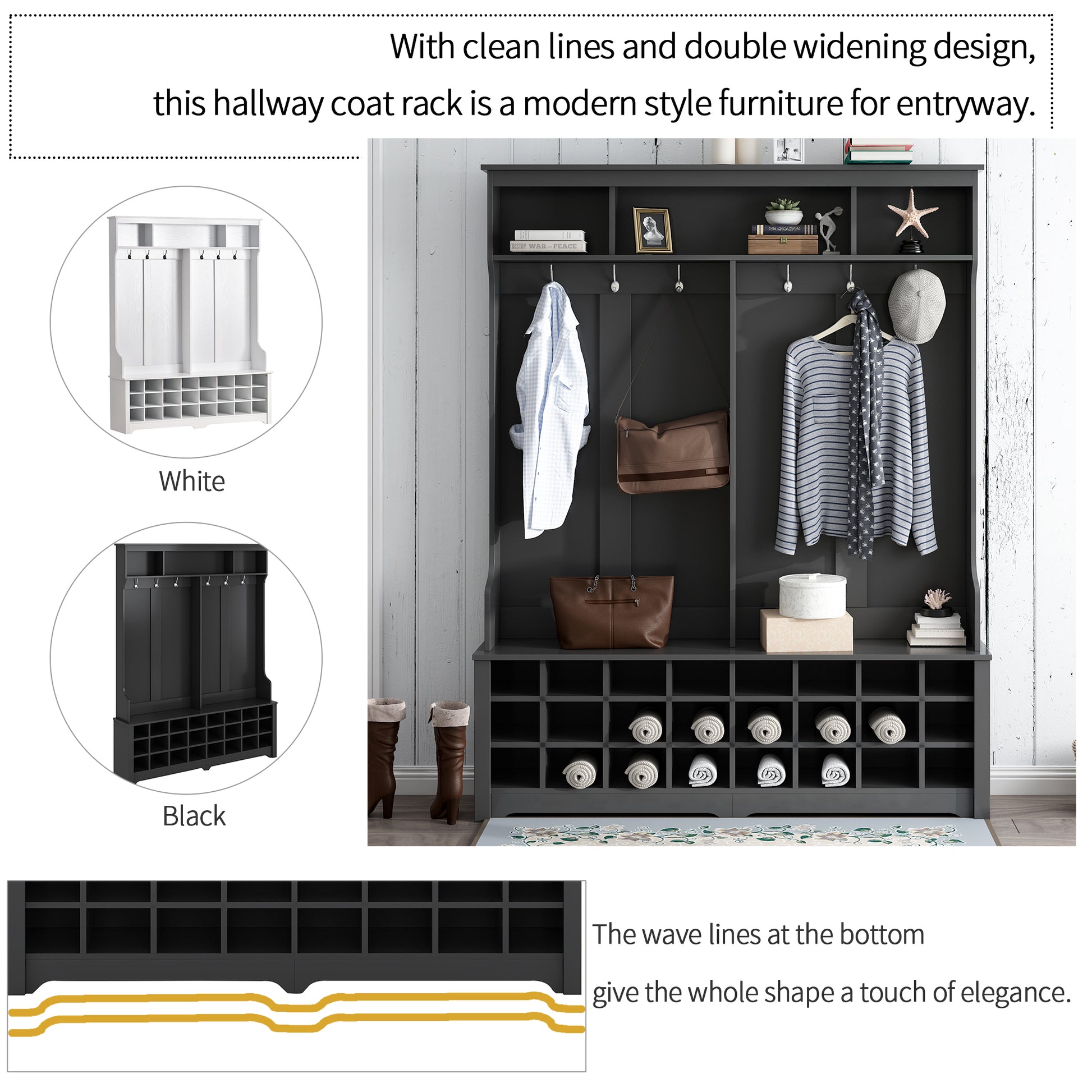 Modern Style Multiple Functions Hallway Coat Rack With Metal Hooks, Entryway Bench 60" Wide Hall Tree With Large Storage Space And 24 Shoe Cubbiesblack Old Sku: Wf286983Aab Black Mdf