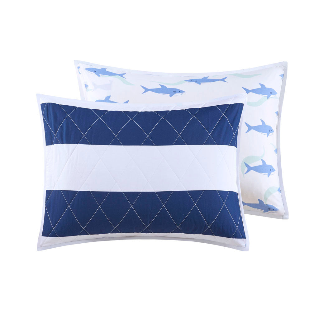 Cotton Cabana Stripe Reversible Quilt Set With Shark Reverse Full Navy Cotton