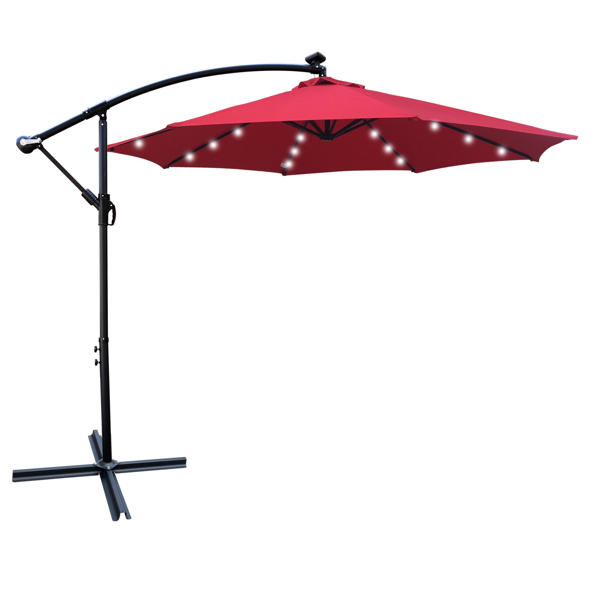 10 Ft Outdoor Patio Umbrella Solar Powered Led Lighted 8 Ribs Umbrella With Crank And Cross Base For Garden Outside Deck Swimming Pool Red Metal