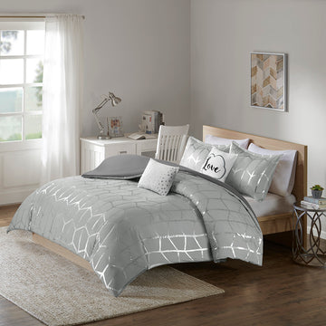 Metallic Printed Duvet Cover Set Grey Silver Polyester