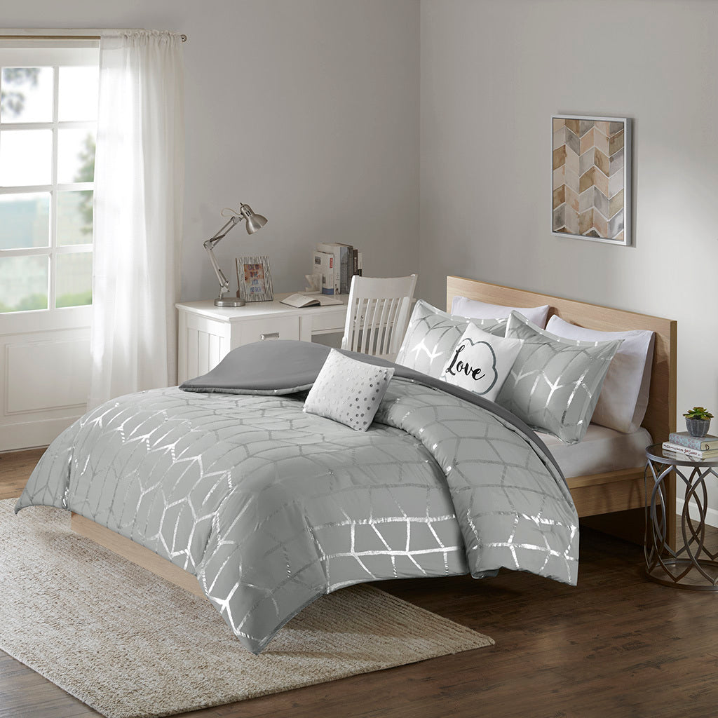 Metallic Printed Duvet Cover Set Twin Grey Silver Polyester