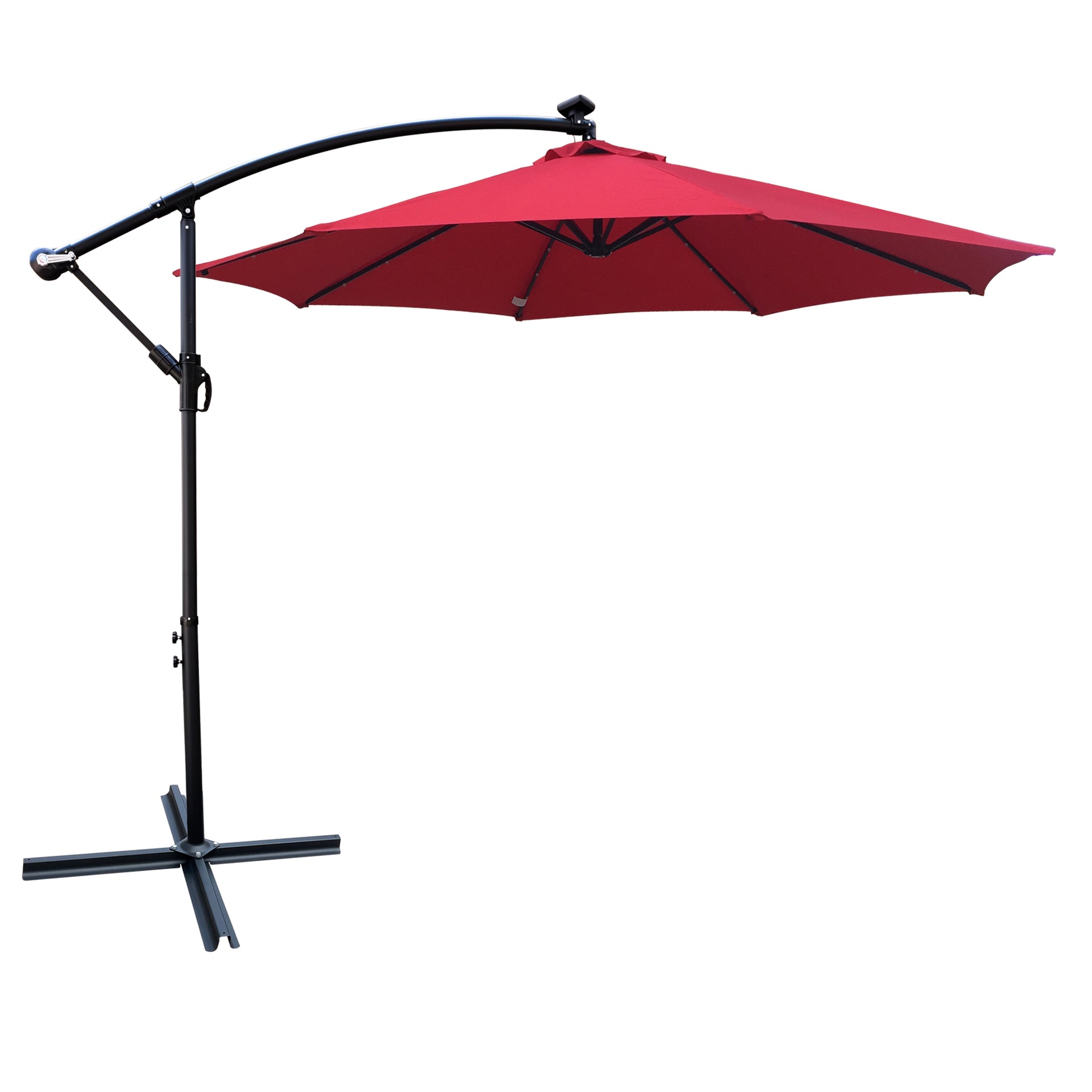 10 Ft Outdoor Patio Umbrella Solar Powered Led Lighted 8 Ribs Umbrella With Crank And Cross Base For Garden Outside Deck Swimming Pool Red Metal