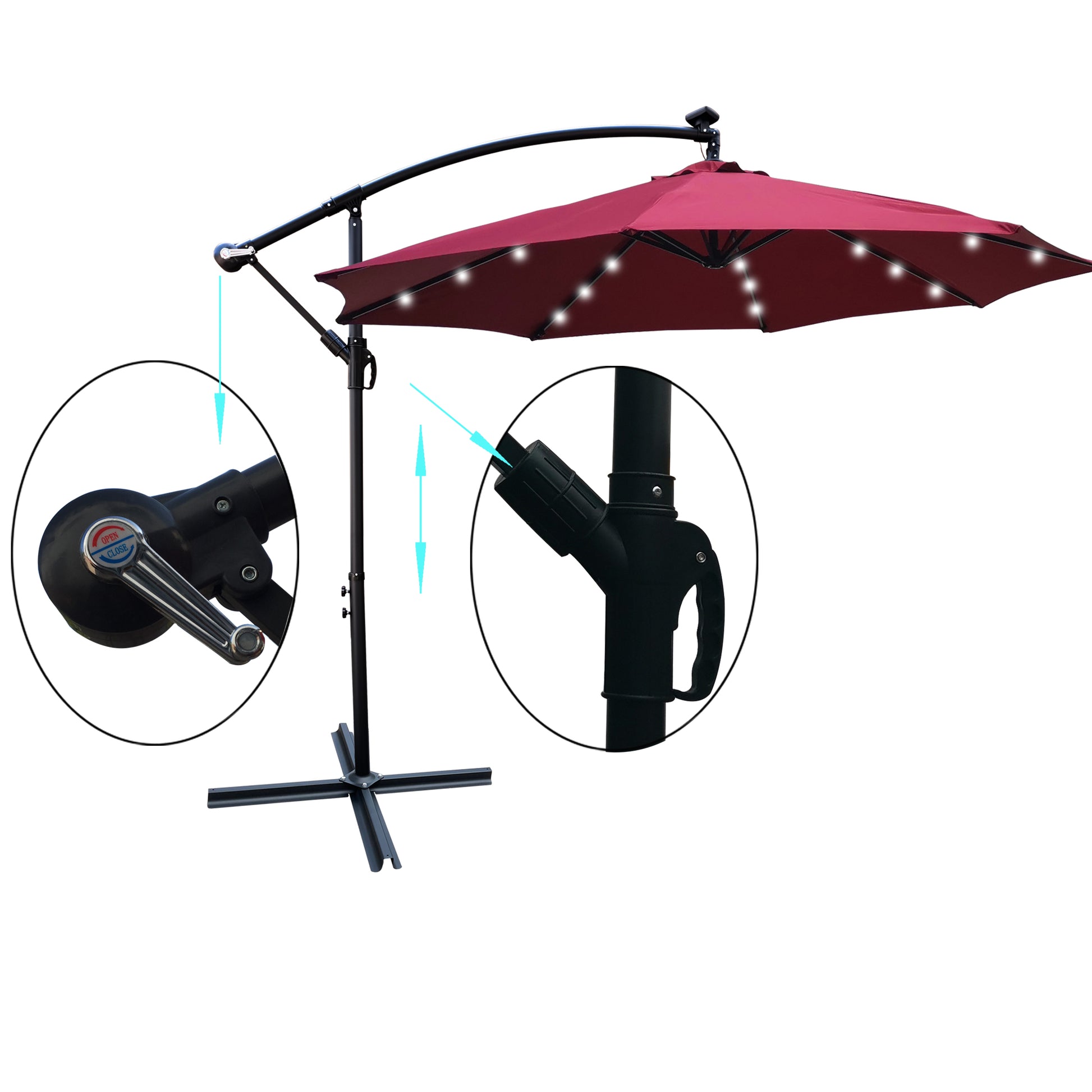 10 Ft Outdoor Patio Umbrella Solar Powered Led Lighted Sun Shade Market Waterproof 8 Ribs Umbrella With Crank And Cross Base For Garden Deck Backyard Pool Shade Outside Deck Swimming Pool Burgundy