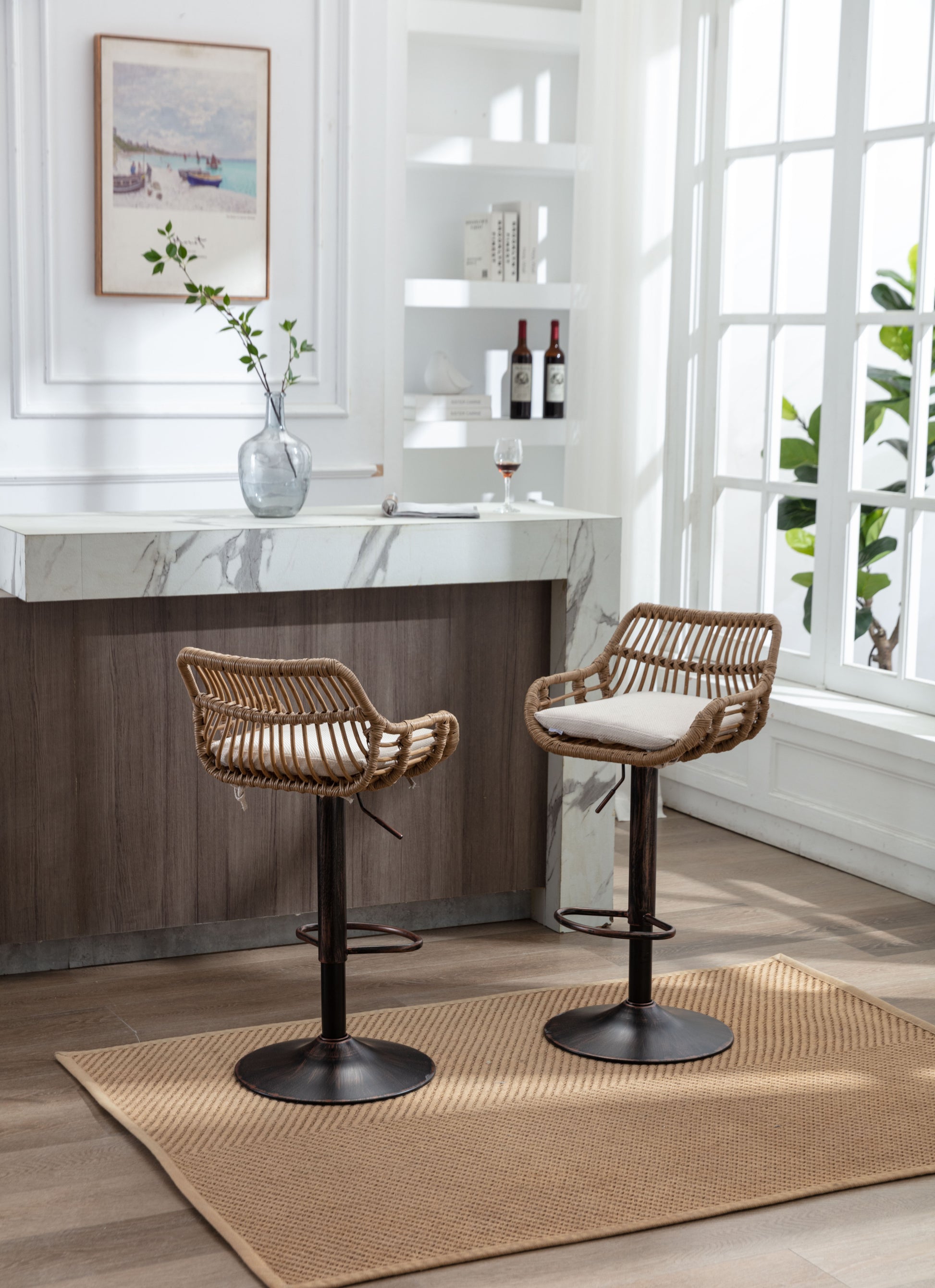 Coolmore Swivel Bar Stools Set Of 2 Adjustable Counter Height Chairs With Footrest For Kitchen, Dining Room 2Pc Set Beige Polyester