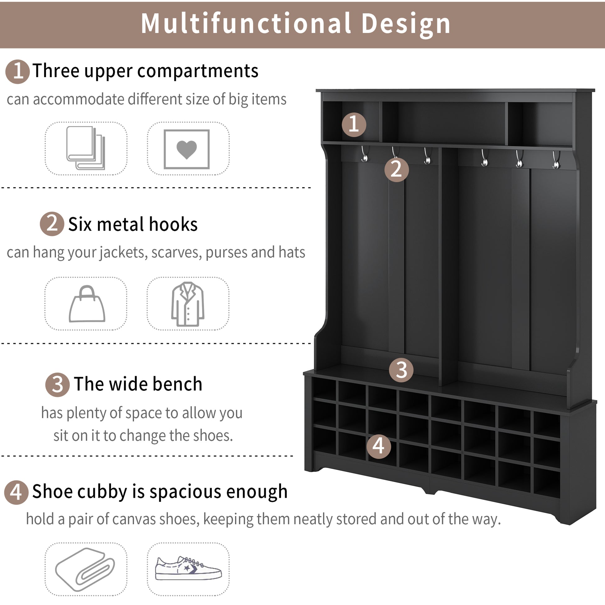 Modern Style Multiple Functions Hallway Coat Rack With Metal Hooks, Entryway Bench 60" Wide Hall Tree With Large Storage Space And 24 Shoe Cubbiesblack Old Sku: Wf286983Aab Black Mdf