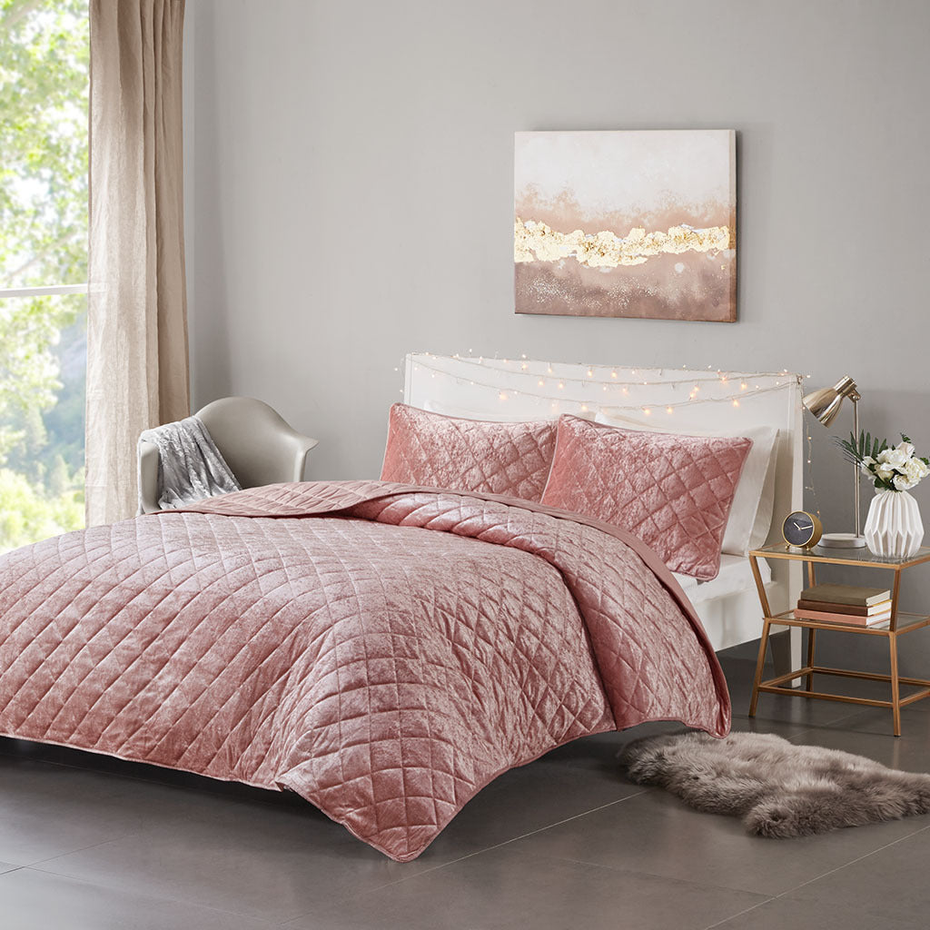 Velvet Quilt Set Full Blush Polyester