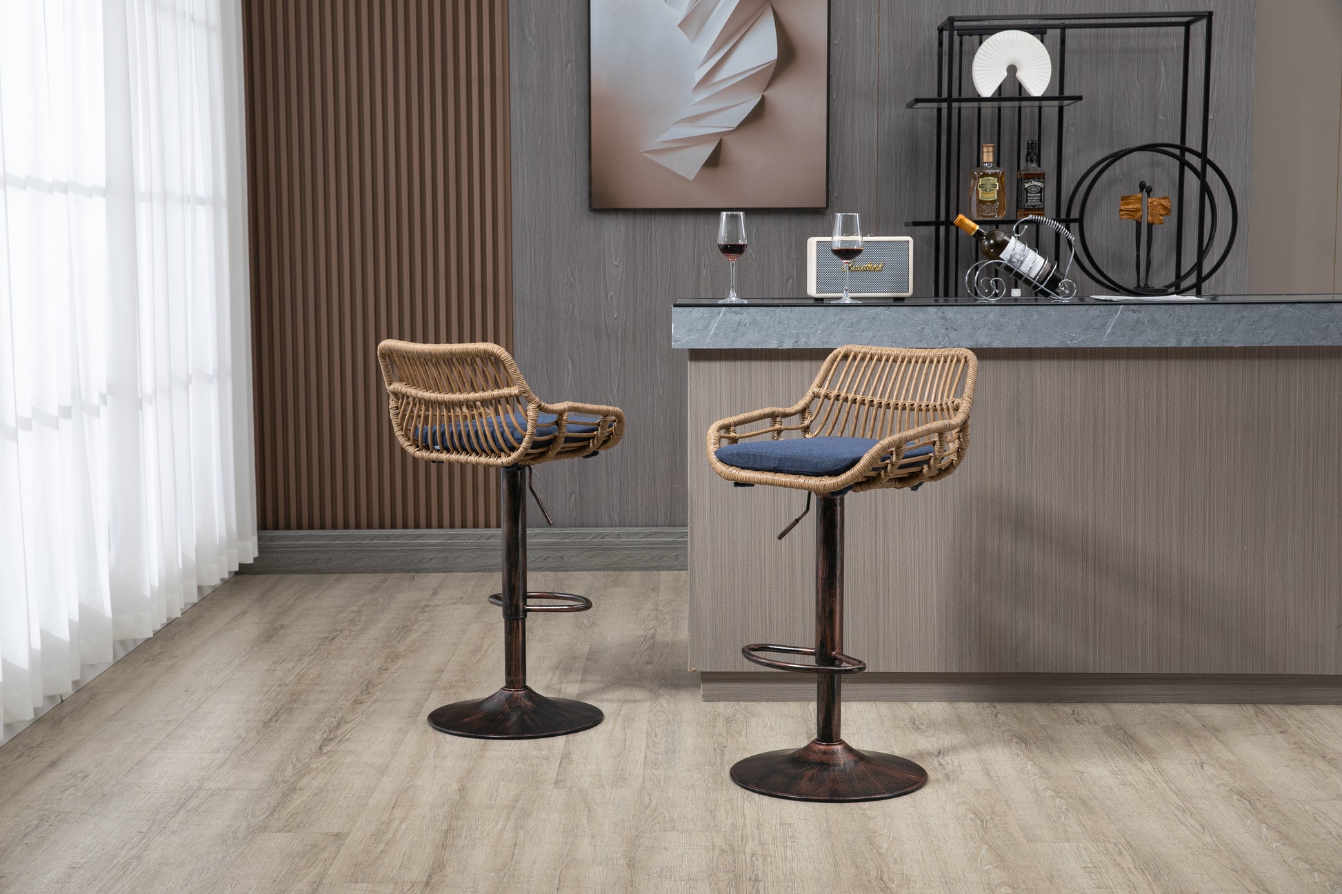 Coolmore Modern Swivel Bar Stools Set Of 2 Adjustable Counter Height Chairs With Footrest For Kitchen, Dining Room Blue Blue Primary Living Space Foam Linen
