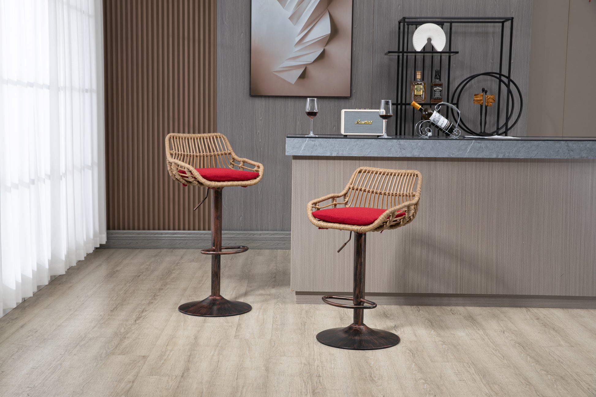 Coolmore Swivel Bar Stools Set Of 2 Adjustable Counter Height Chairs With Footrest For Kitchen, Dining Room 2Pc Set Red Polyester