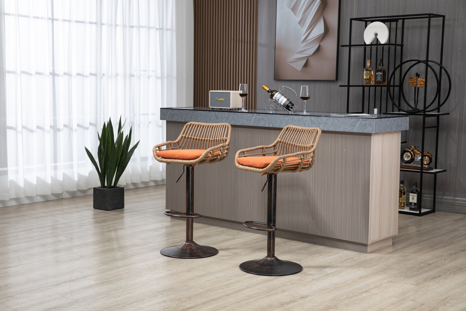 Coolmore Swivel Bar Stools Set Of 2 Adjustable Counter Height Chairs With Footrest For Kitchen, Dining Room 2Pc Set Orange Polyester