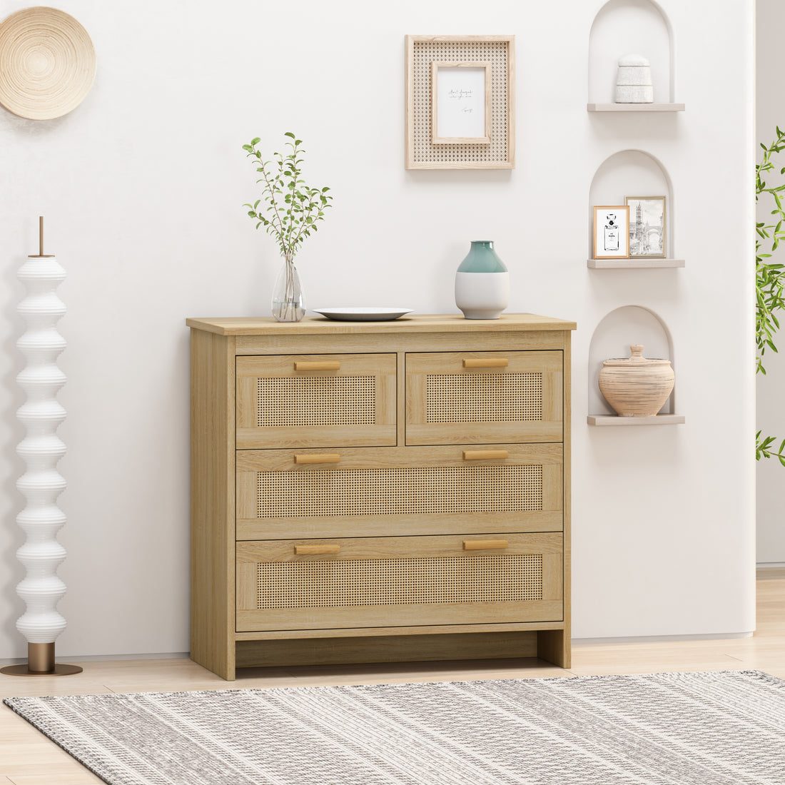 4 Drawers Rattan Cabinet,For Bedroom,Living Room,Dining Room,Hallways,Easy Assembly Natural Particle Board