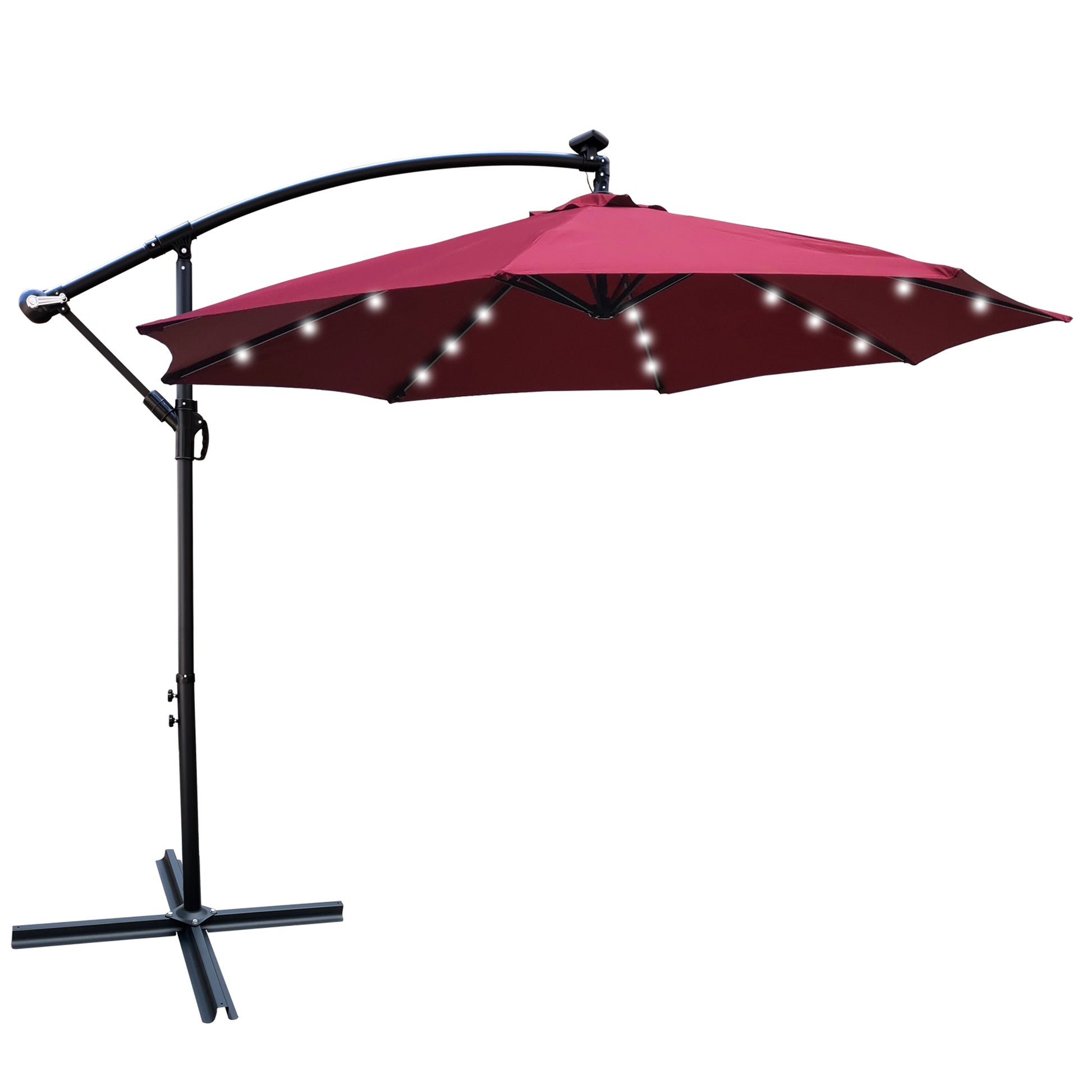 10 Ft Outdoor Patio Umbrella Solar Powered Led Lighted Sun Shade Market Waterproof 8 Ribs Umbrella With Crank And Cross Base For Garden Deck Backyard Pool Shade Outside Deck Swimming Pool Burgundy