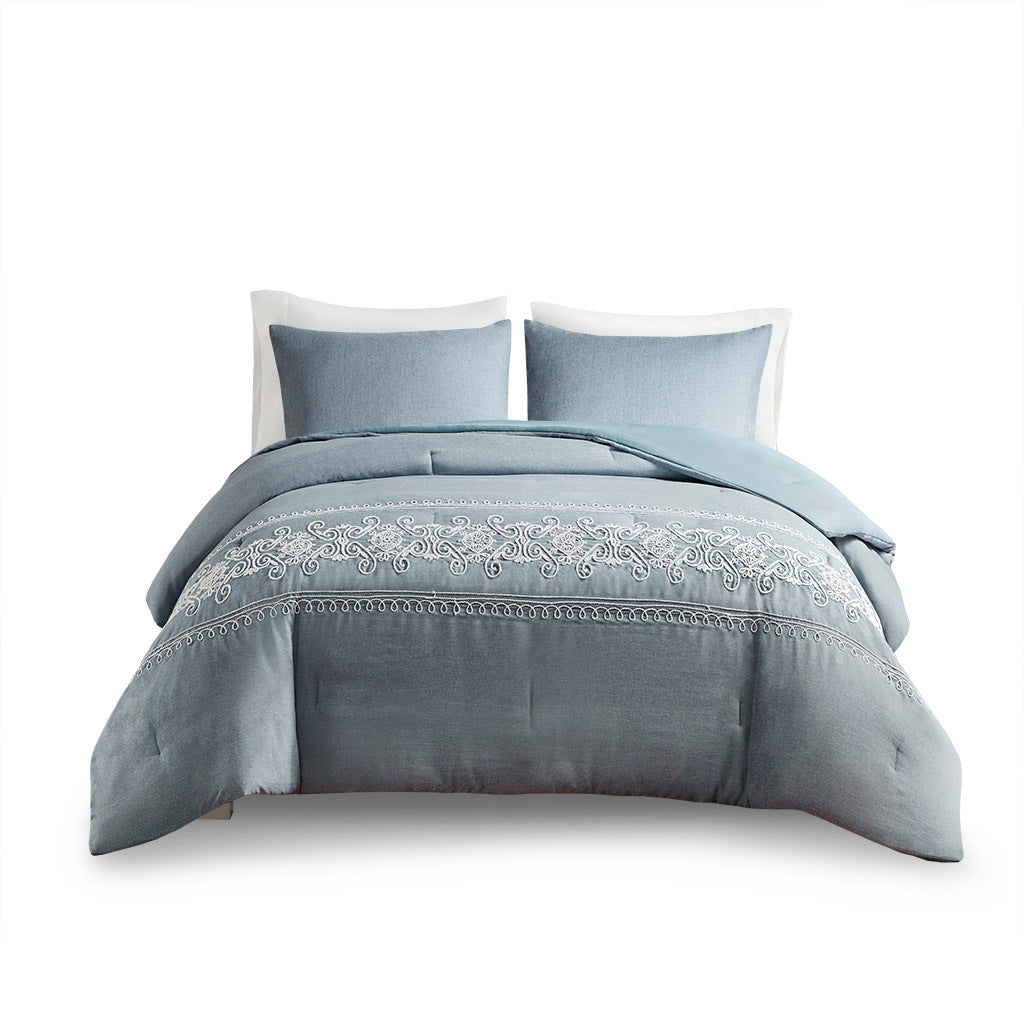 Embroidered Comforter Set Full Blue Polyester